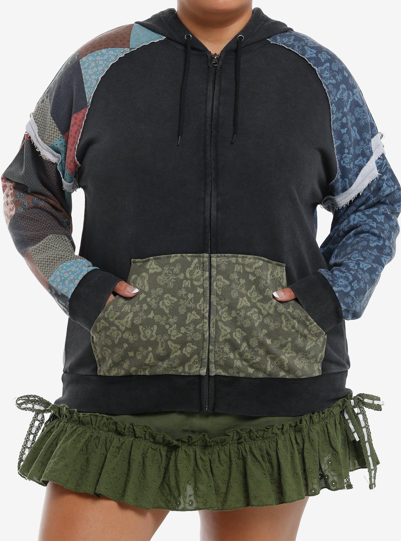 Thorn & Fable Butterflies & Flowers Patchwork Girls Hoodie Plus Size, , hi-res