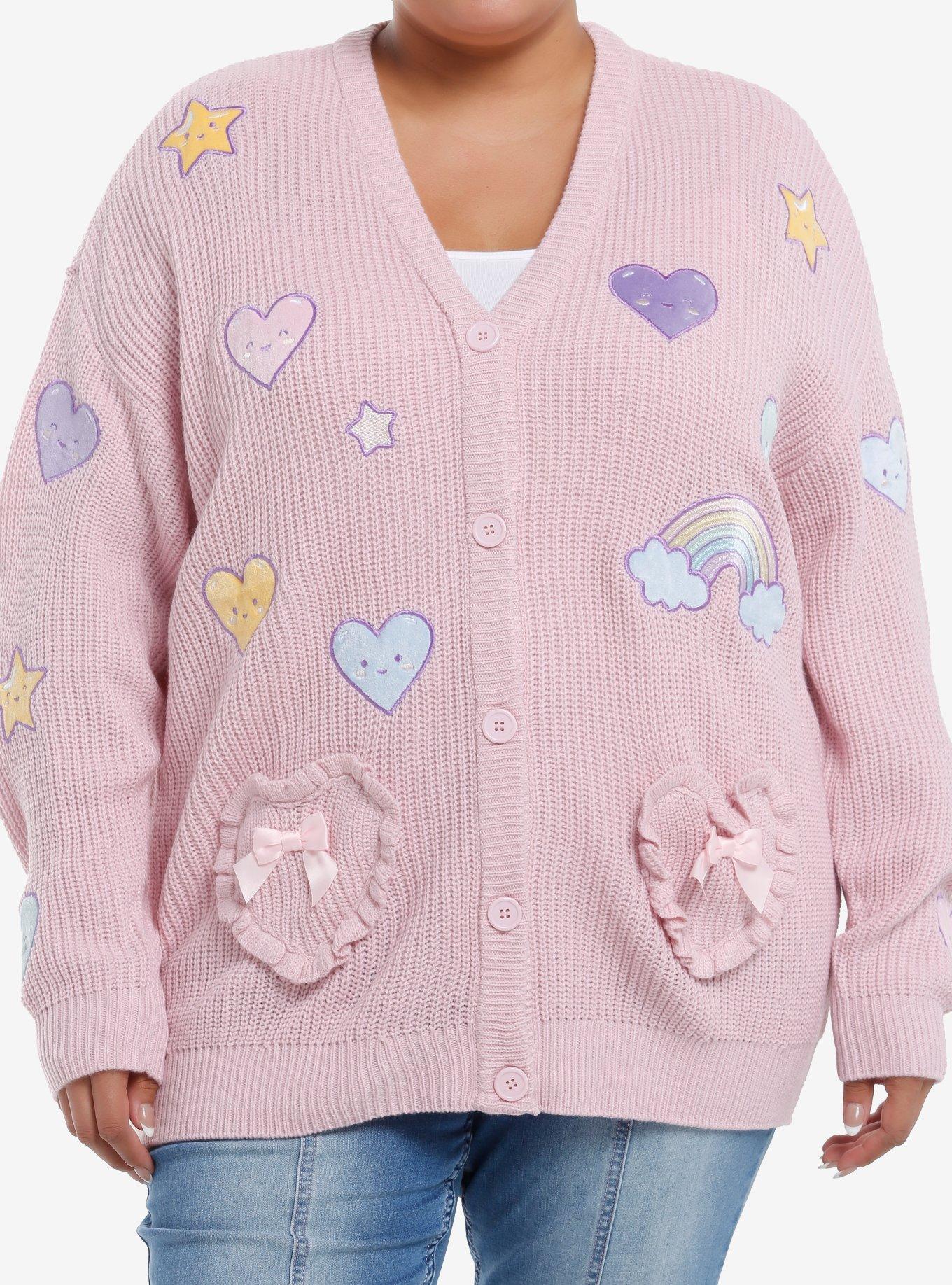 Sweet Society Rainbow Hearts & Star Patch Pastel Pink Girls Cardigan Plus Size, , hi-res