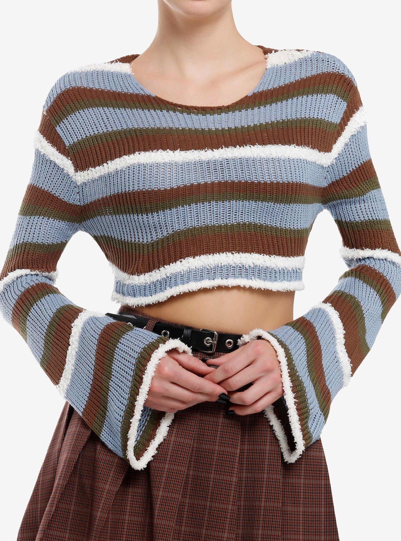 Thorn & Fable Blue Earth Tone Stripe Fuzzy Bolero Girls Crop Shrug, , hi-res