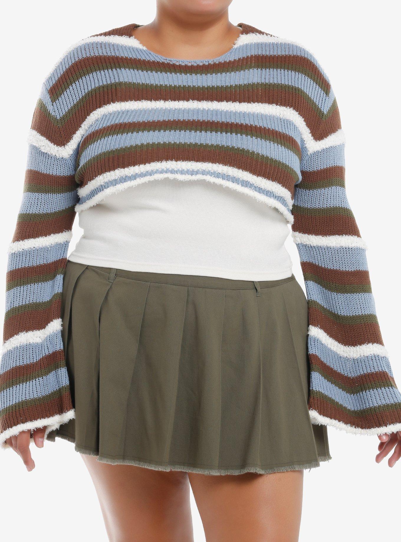 Thorn & Fable Blue Earth Tone Stripe Fuzzy Bolero Girls Crop Shrug Plus Size, , hi-res