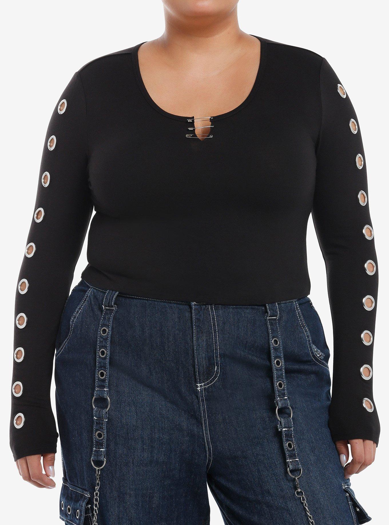 Social Collision Grommet & Safety Pin Girls Crop Long-Sleeve Top Plus Size, BLACK, hi-res