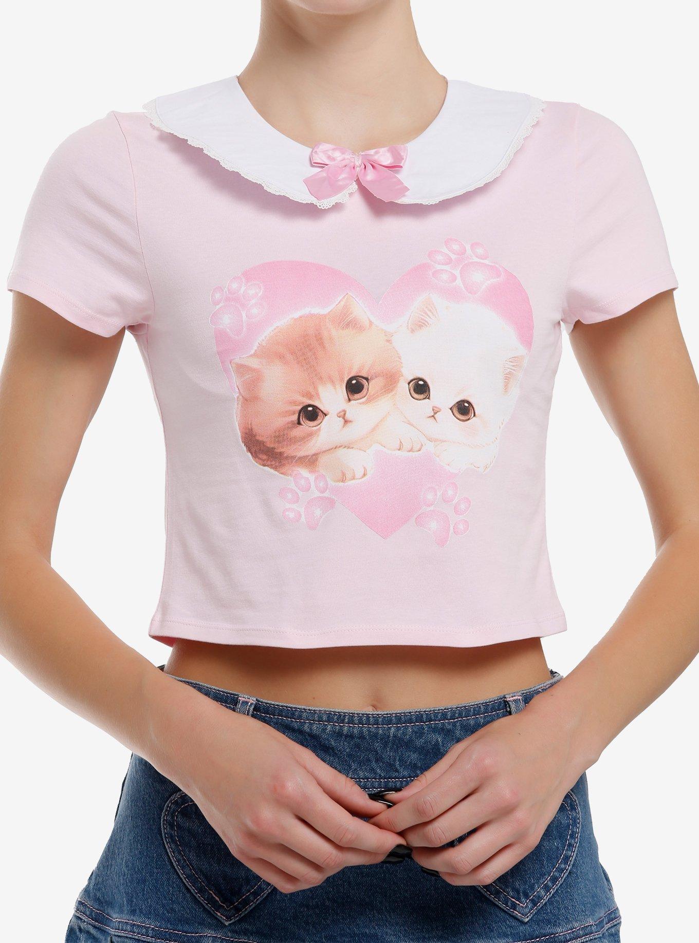 Sweet Society Kawaii Kitten Peter Pan Collar Girls Crop Top, , hi-res