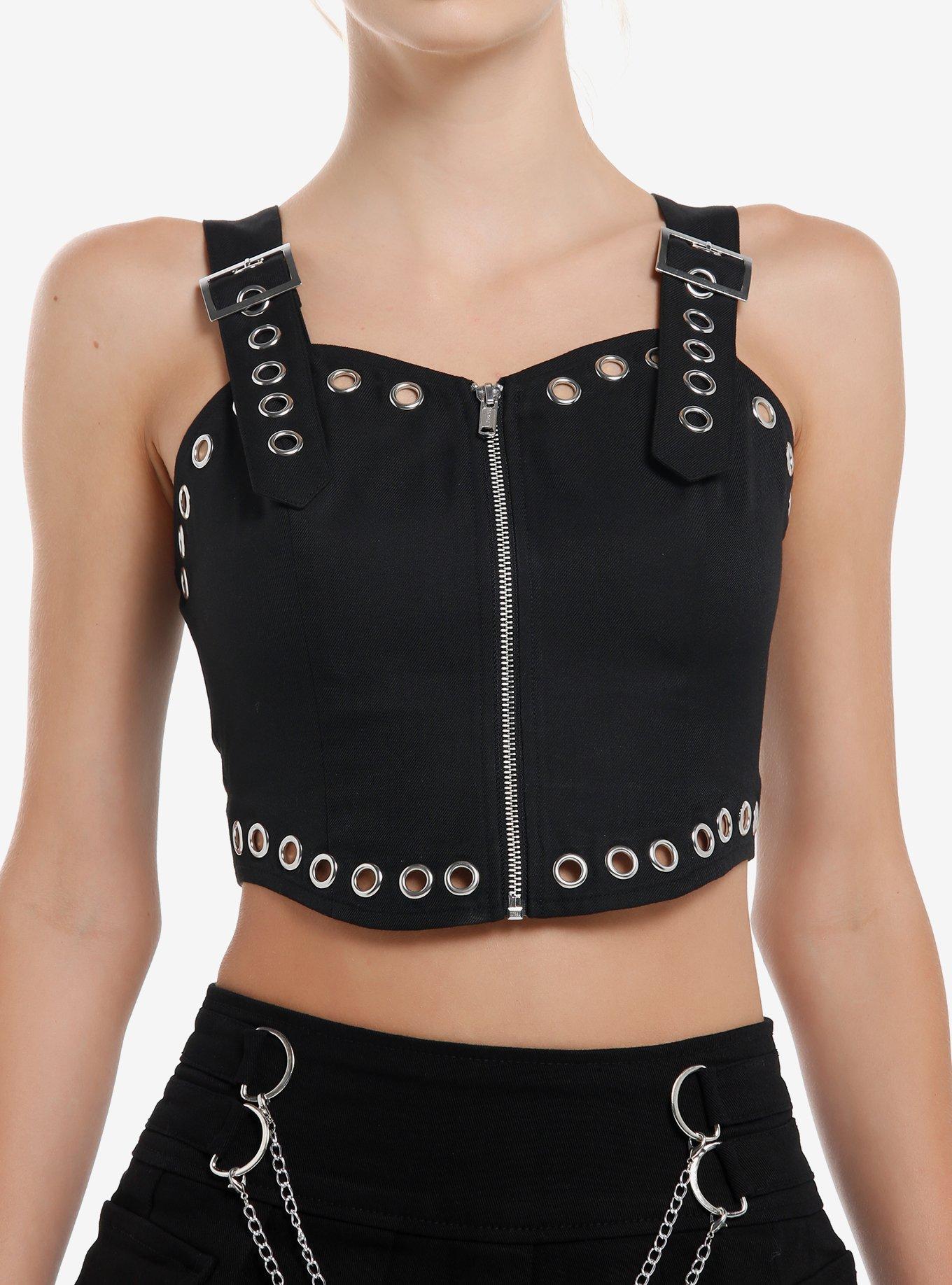 Social Collision Black Grommet Zip-Front Girls Corset, , hi-res