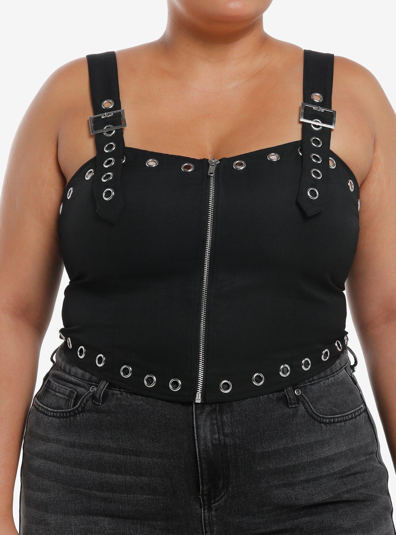 Social Collision Black Grommet Zip-Front Girls Corset Plus Size, , hi-res