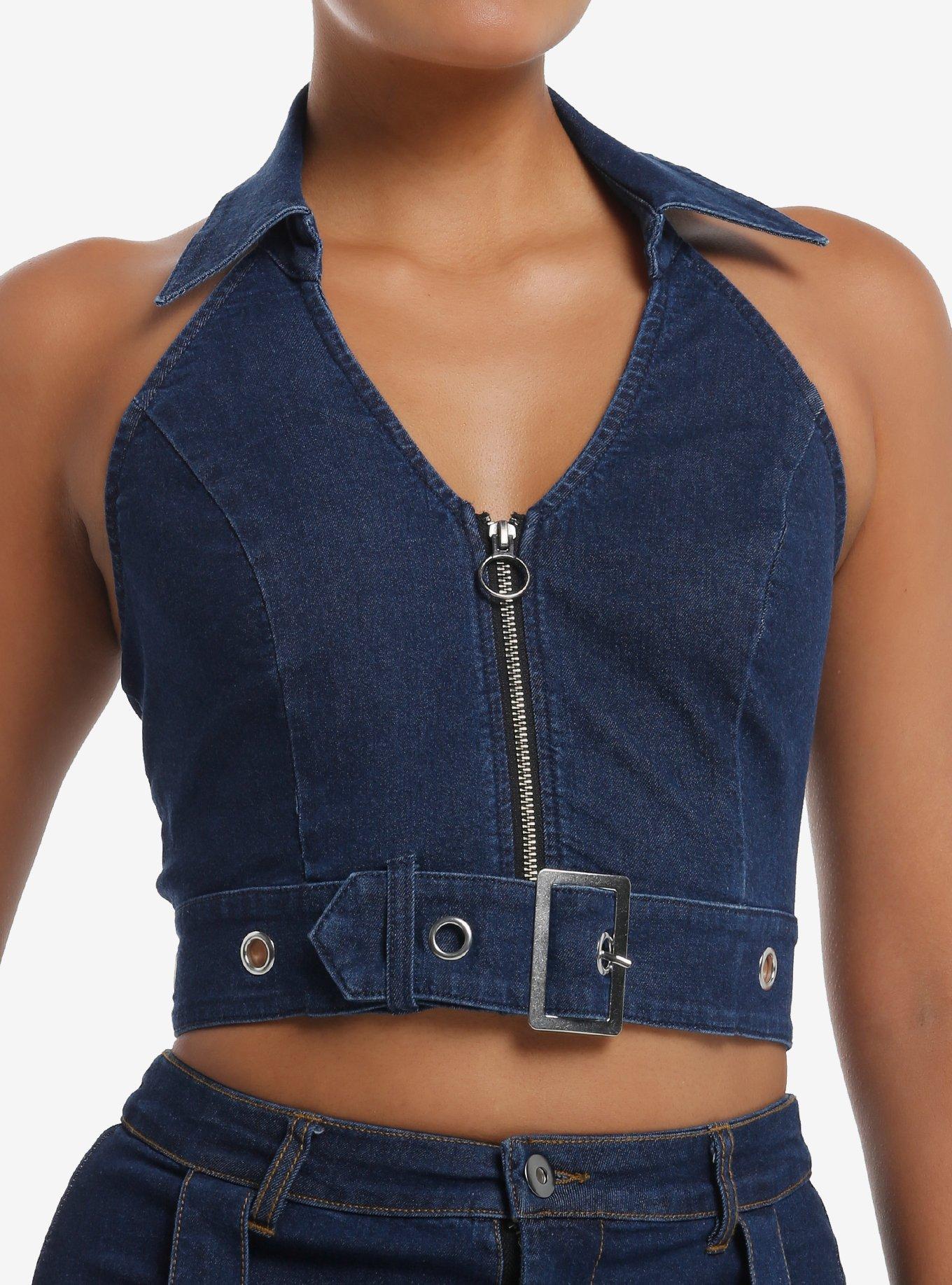 Dark Indigo Grommet Buckle Strap Denim Girls Halter Top, , hi-res