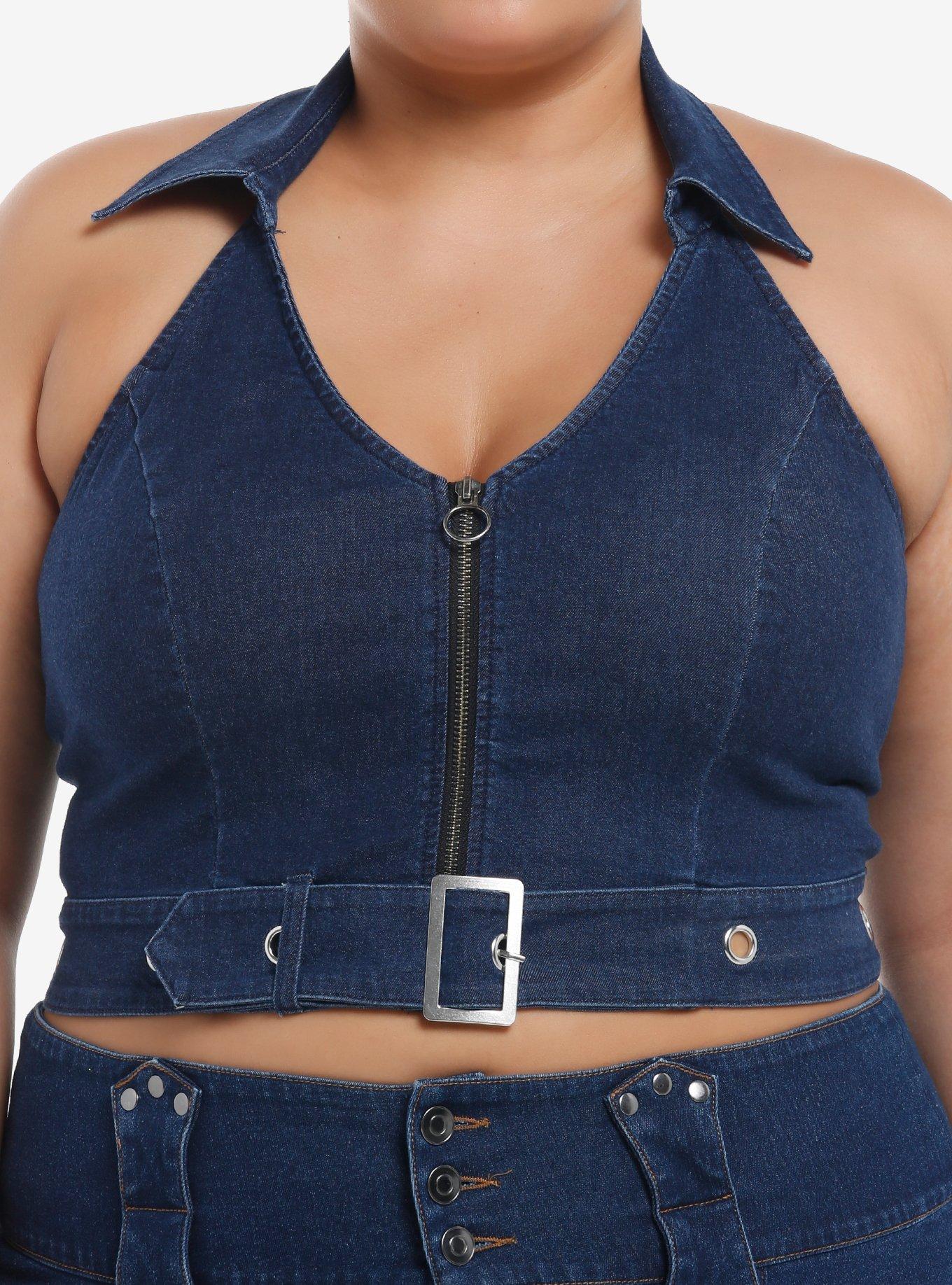 Dark Indigo Grommet Buckle Strap Denim Girls Halter Top Plus Size, , hi-res