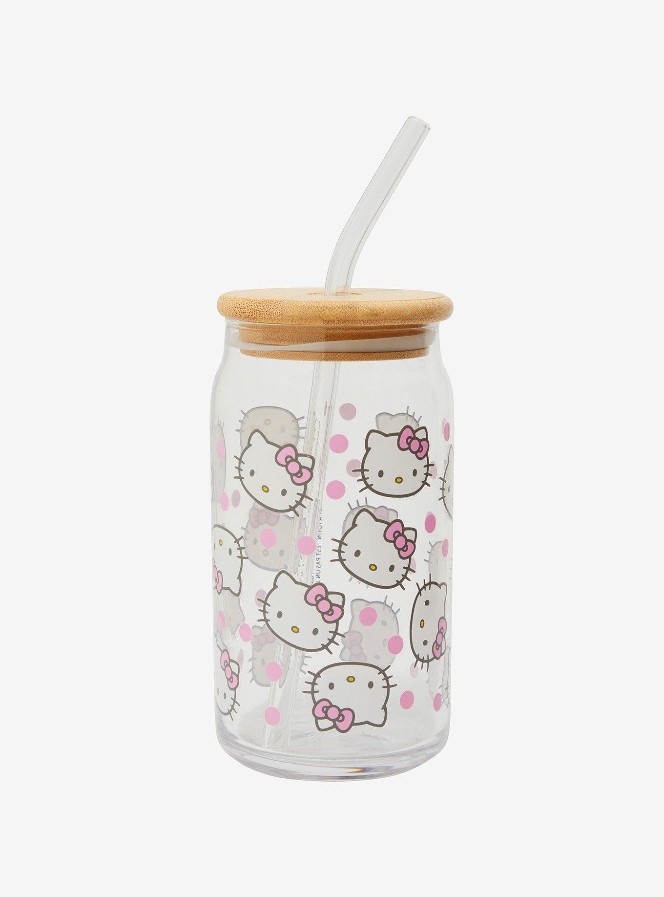 Sanrio Hello Kitty Allover Print Glass Cup with Straw - BoxLunch Exclusive, , hi-res