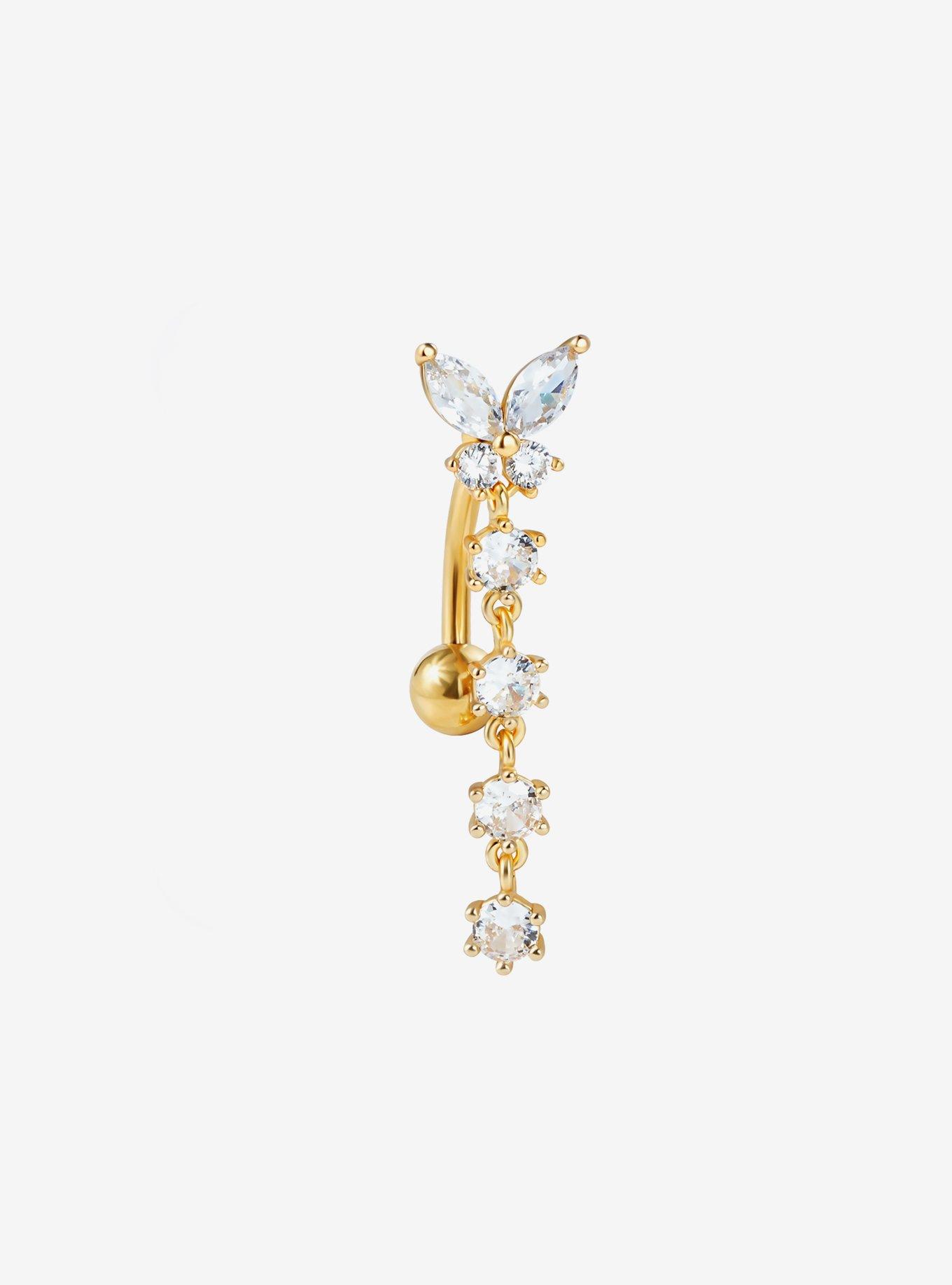 14G Gold Butterfly Drop Navel Barbell, , hi-res