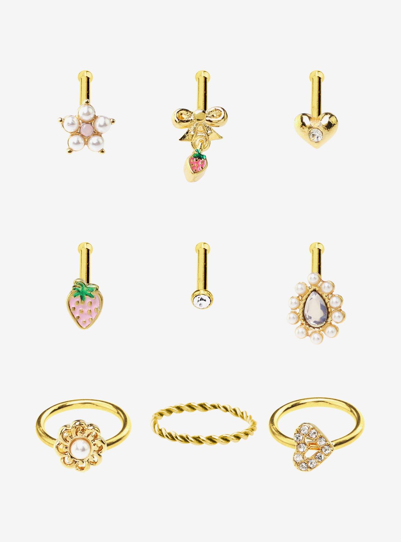 Steel Gold Strawberry Pearl Nose Stud & Hoop 9 Pack, , hi-res