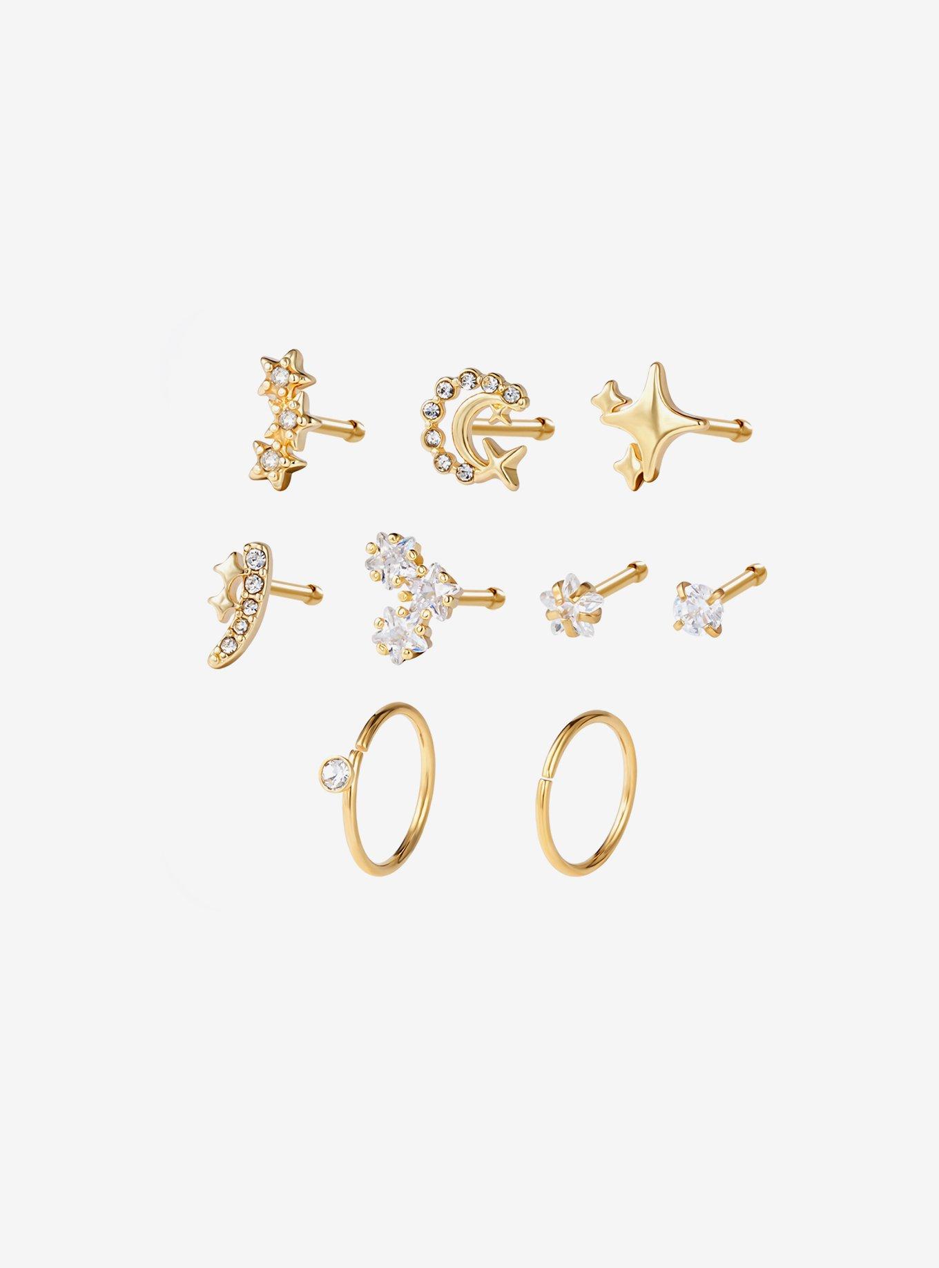 Steel Gold Celestial Bling Nose Stud & Hoop 9 Pack