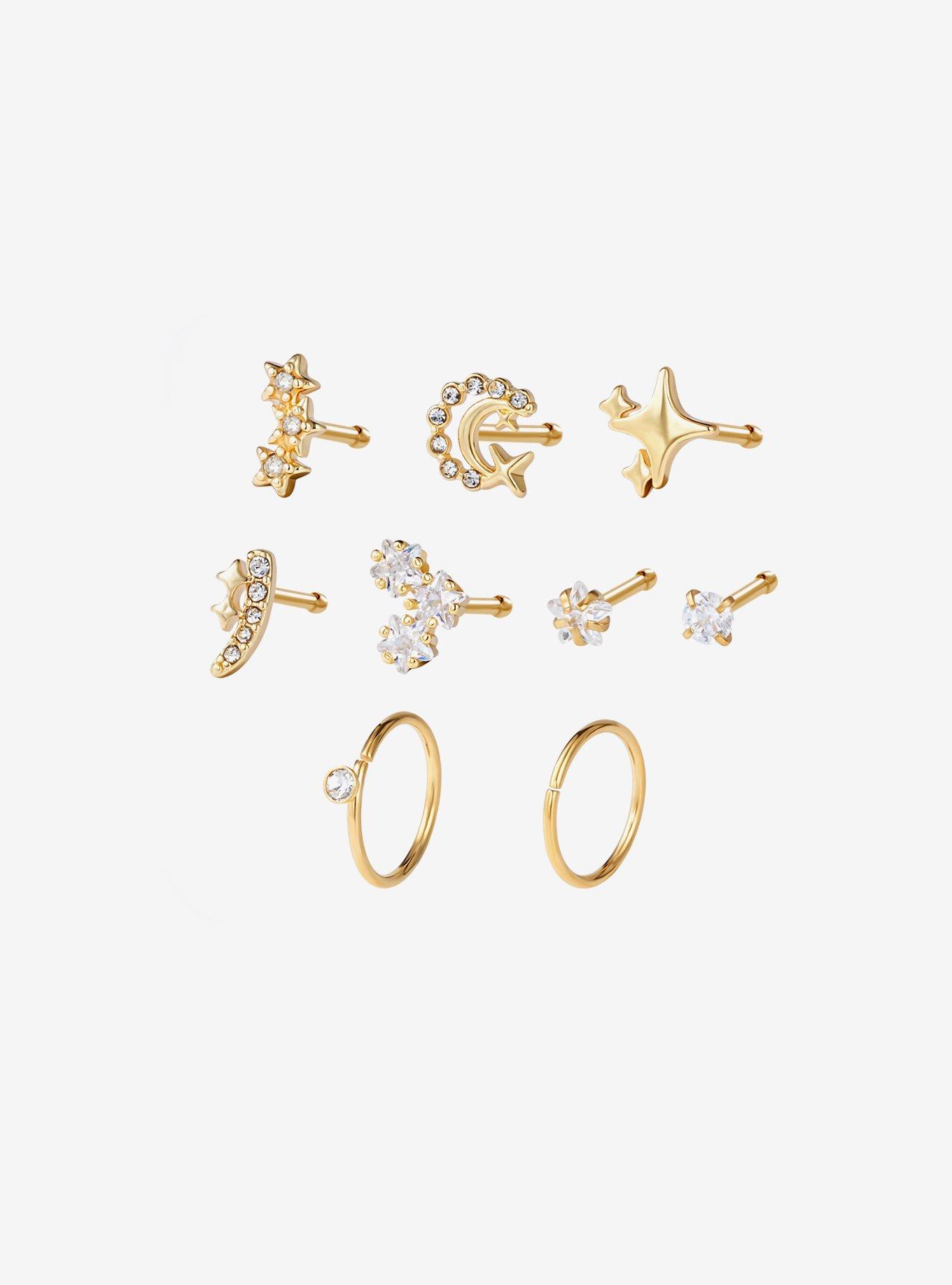 Steel Gold Celestial Bling Nose Stud & Hoop 9 Pack, , hi-res