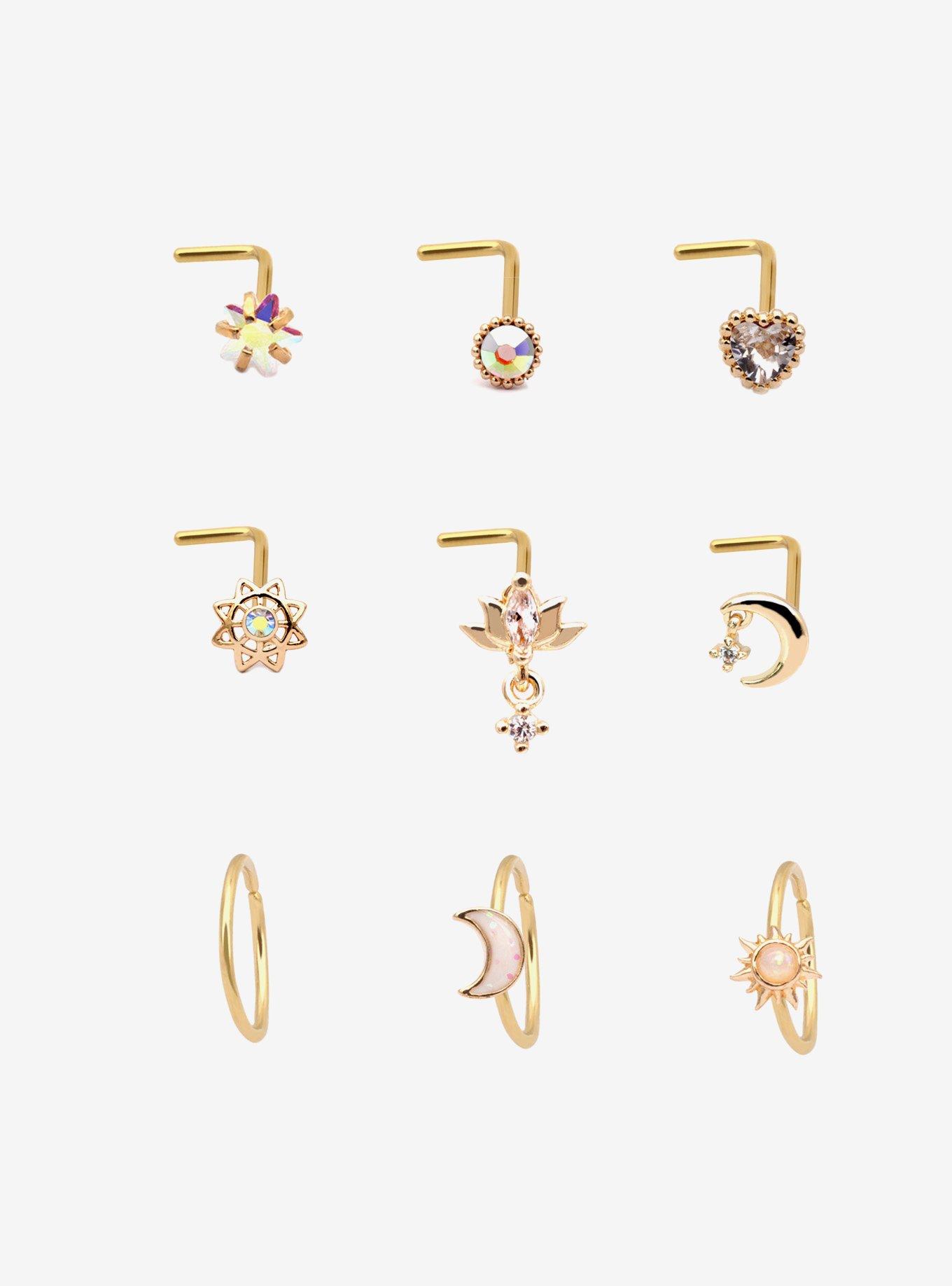 Steel Gold Lotus Moon Nose Stud & Hoop 9 Pack, , hi-res