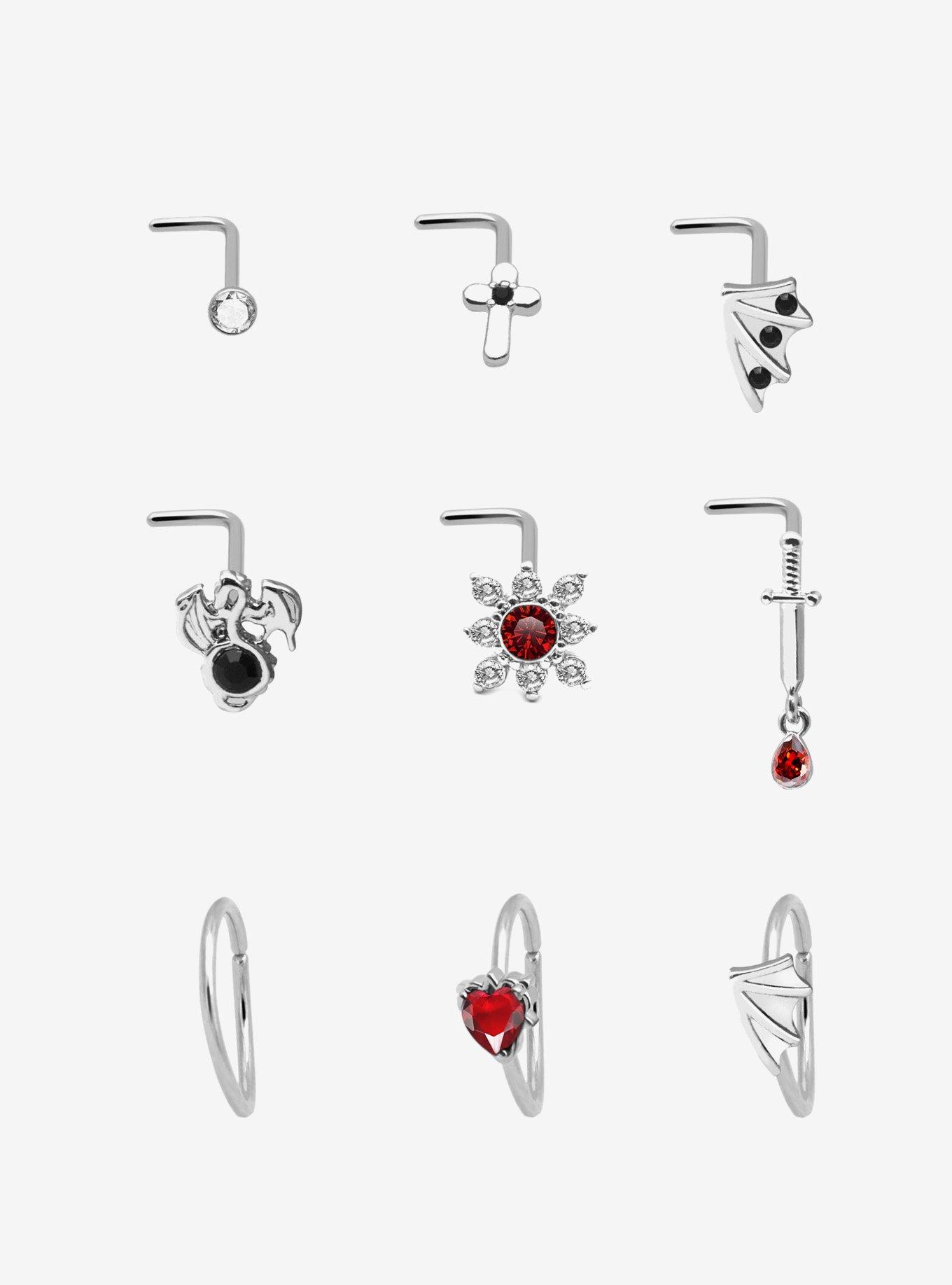 Steel Silver Dragon Wing Nose Stud & Hoop 9 Pack, , hi-res