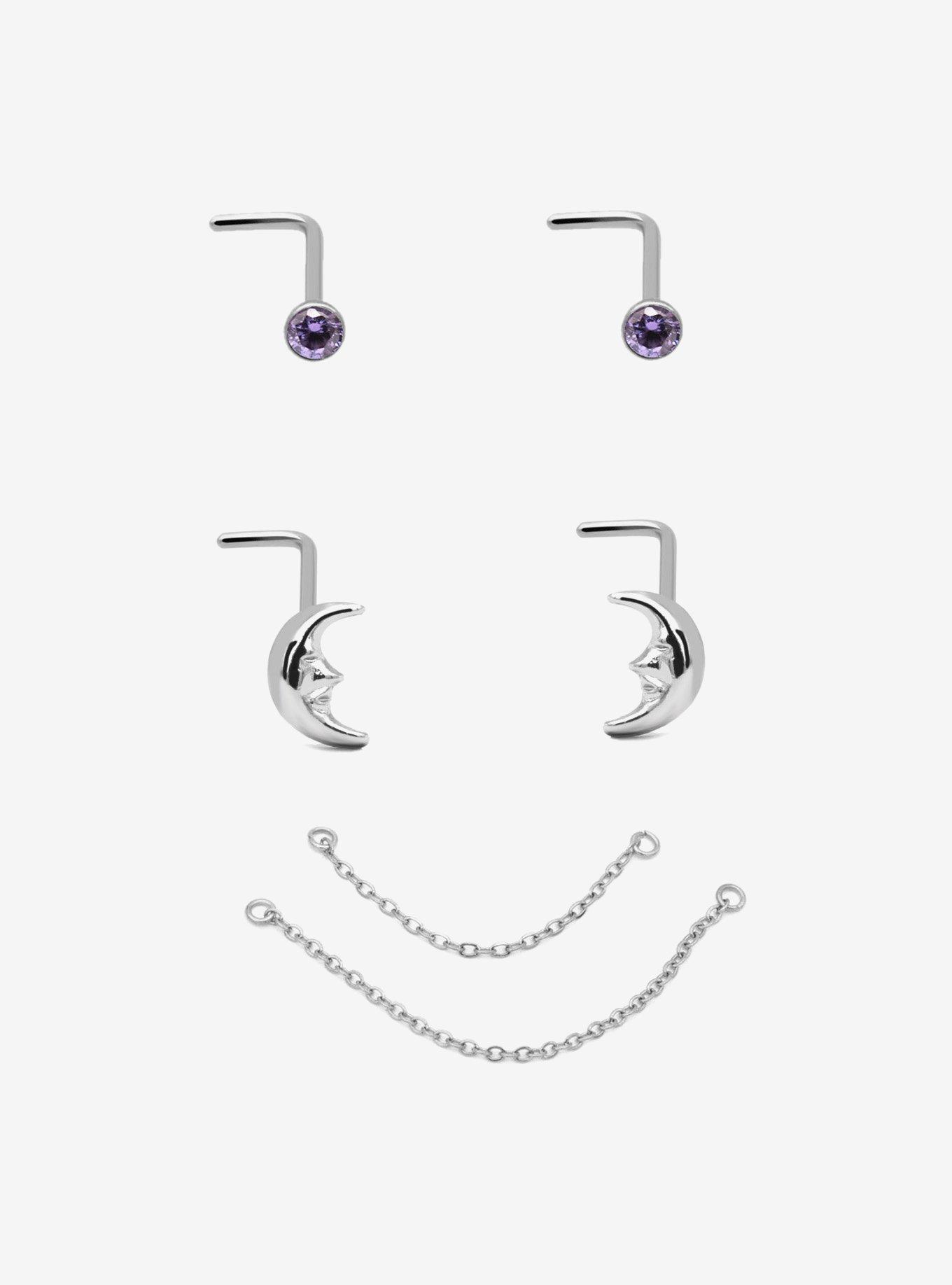 Steel Silver Moon & Faux Amethyst Nose Stud & Chain 2 Pack, MULTI, hi-res