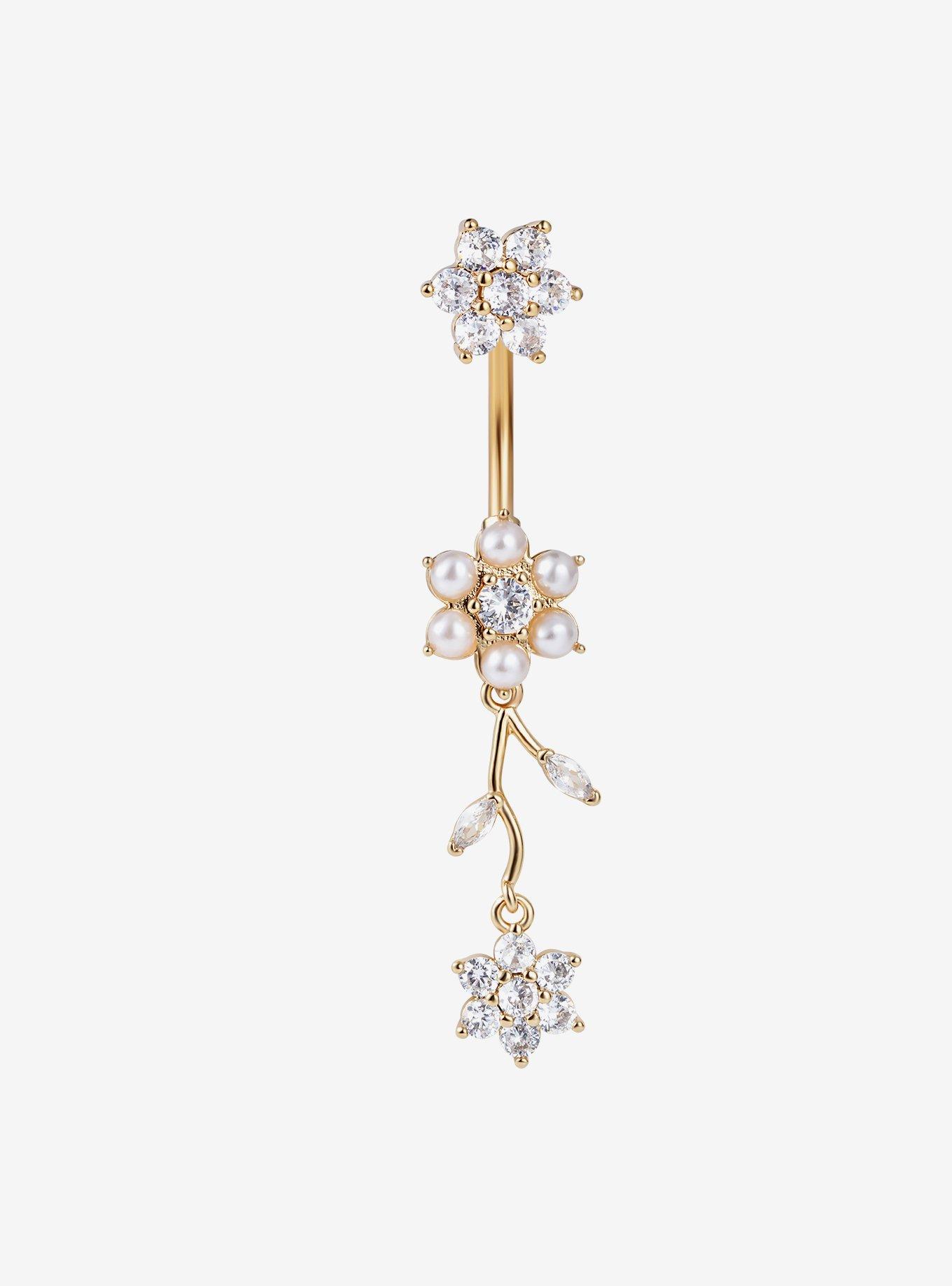 Steel Gold Pearl & Gem Flowers Navel Barbell, , hi-res