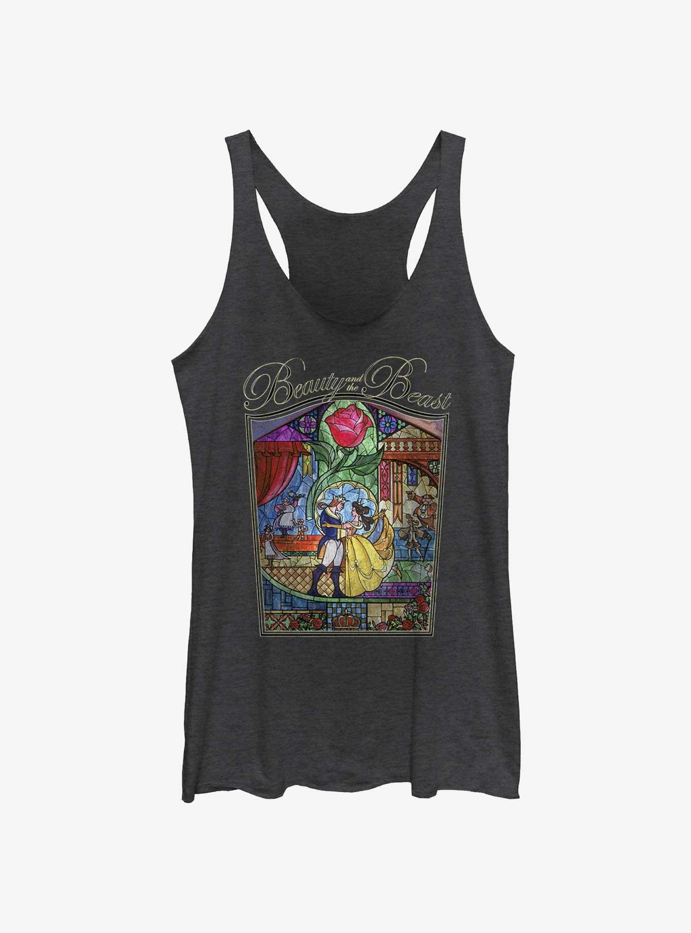 Disney Beauty And The Beast Painted Glass Girls Raw Edge Tank, BLK HTR, hi-res