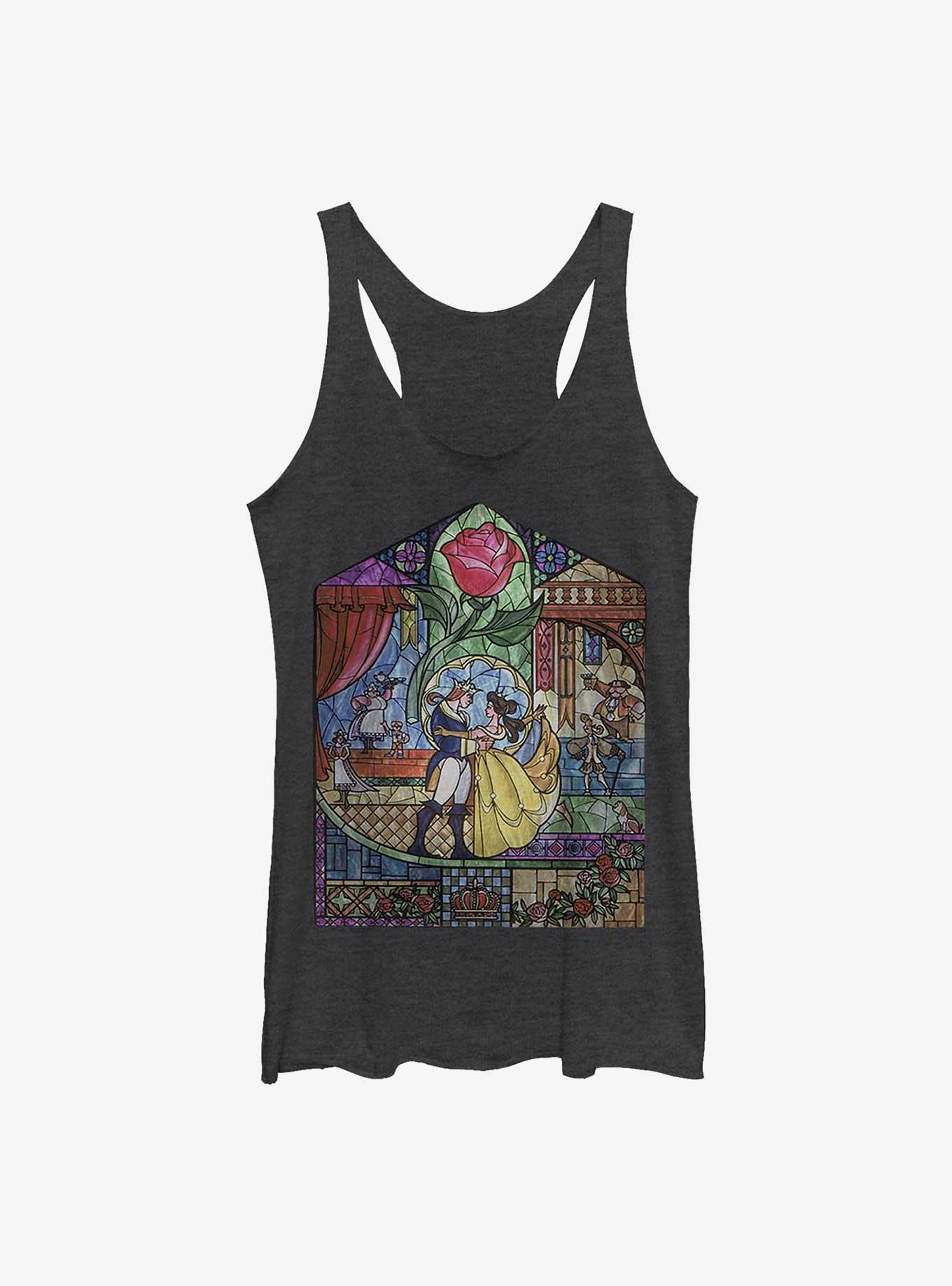 Disney Beauty And The Beast Stained Glass Girls Raw Edge Tank, BLK HTR, hi-res