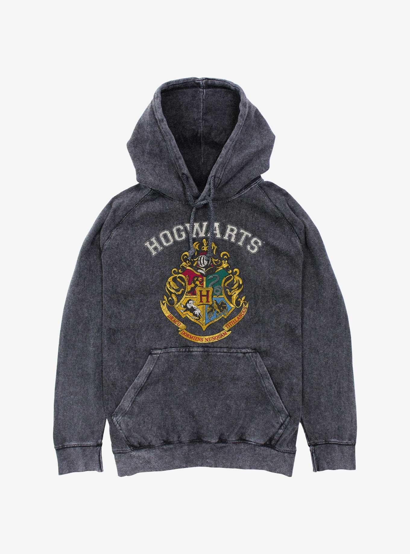 Harry Potter Hogwarts Logo Mineral Wash Hoodie, BLACK, hi-res