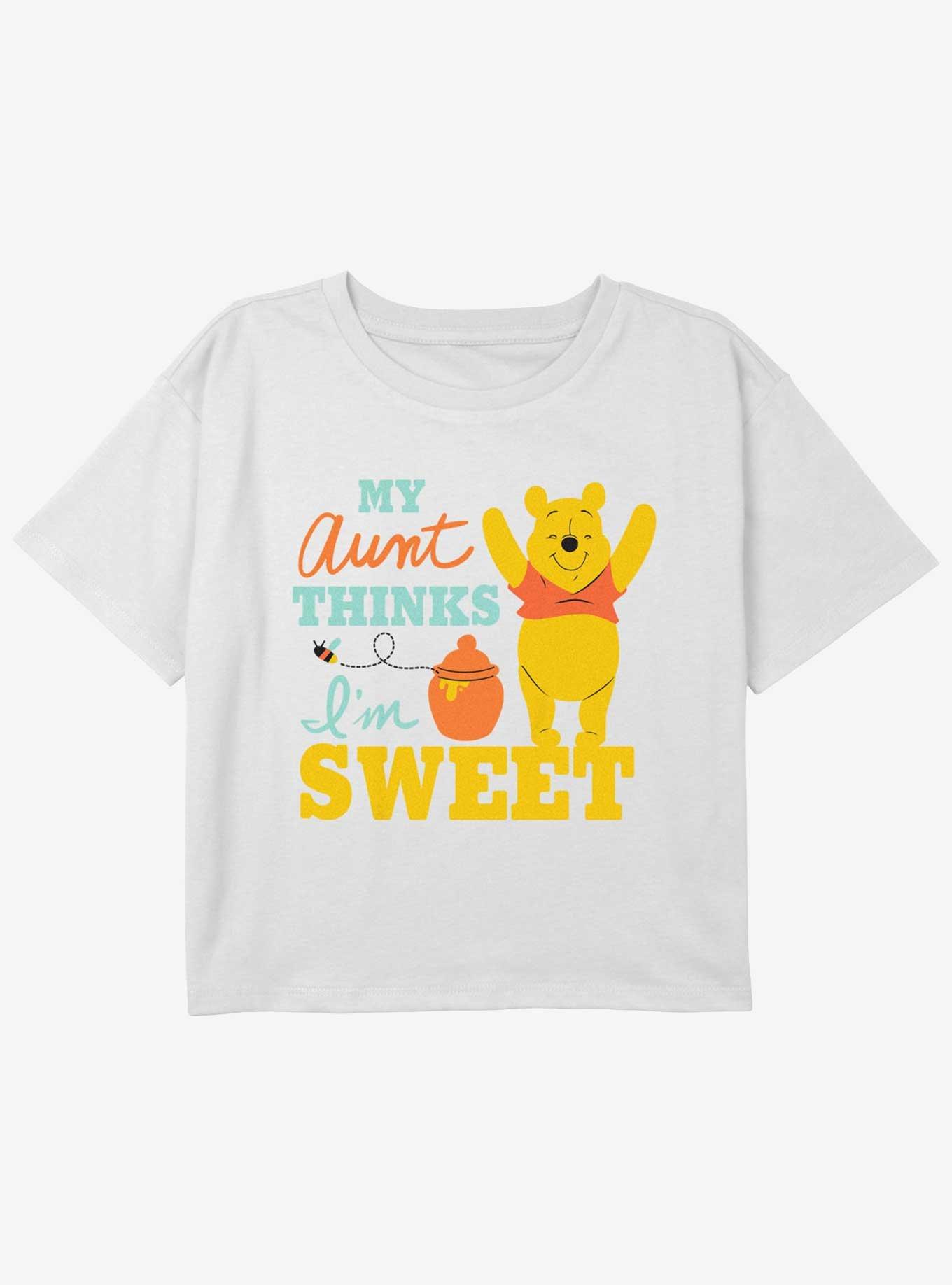 Disney Winnie The Pooh My Aunt Thinks I'm Sweet Youth Girls Boxy Crop T-Shirt, WHITE, hi-res