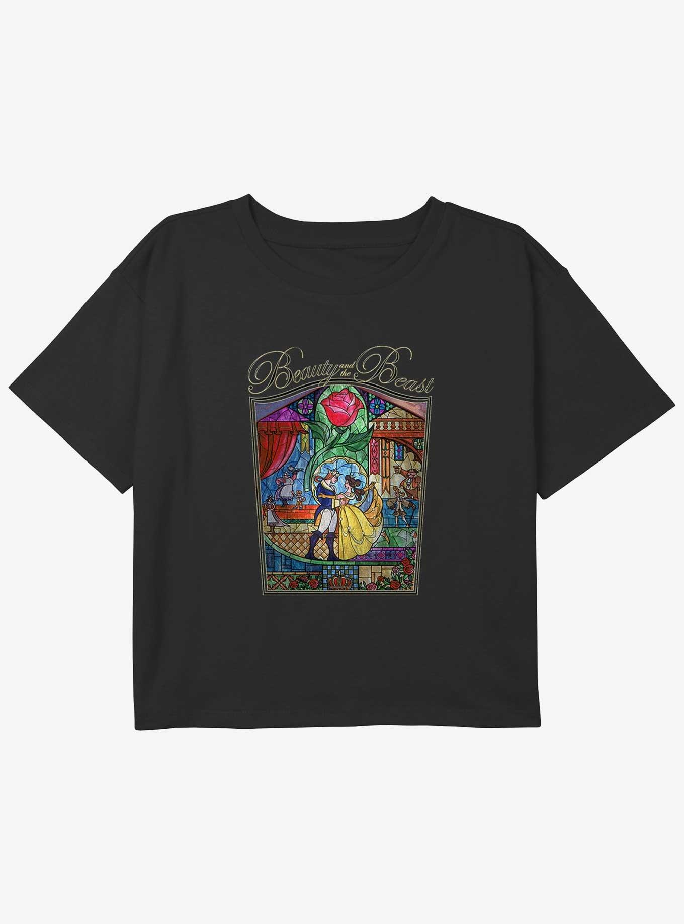 Disney Beauty and the Beast Stained Glass Love Story Youth Girls Boxy Crop T-Shirt, , hi-res