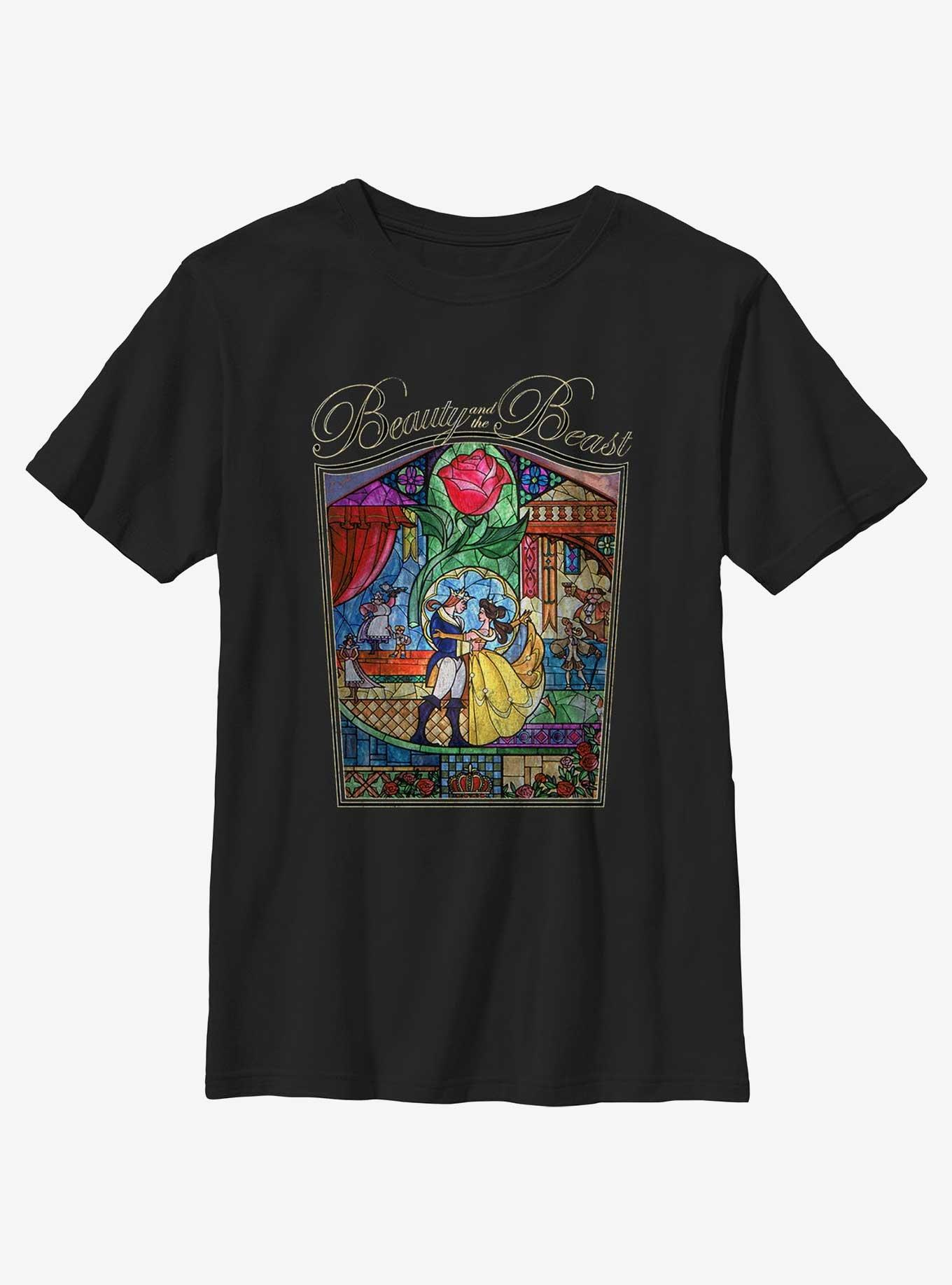 Disney Beauty and the Beast Stained Glass Love Story Youth T-Shirt, BLACK, hi-res