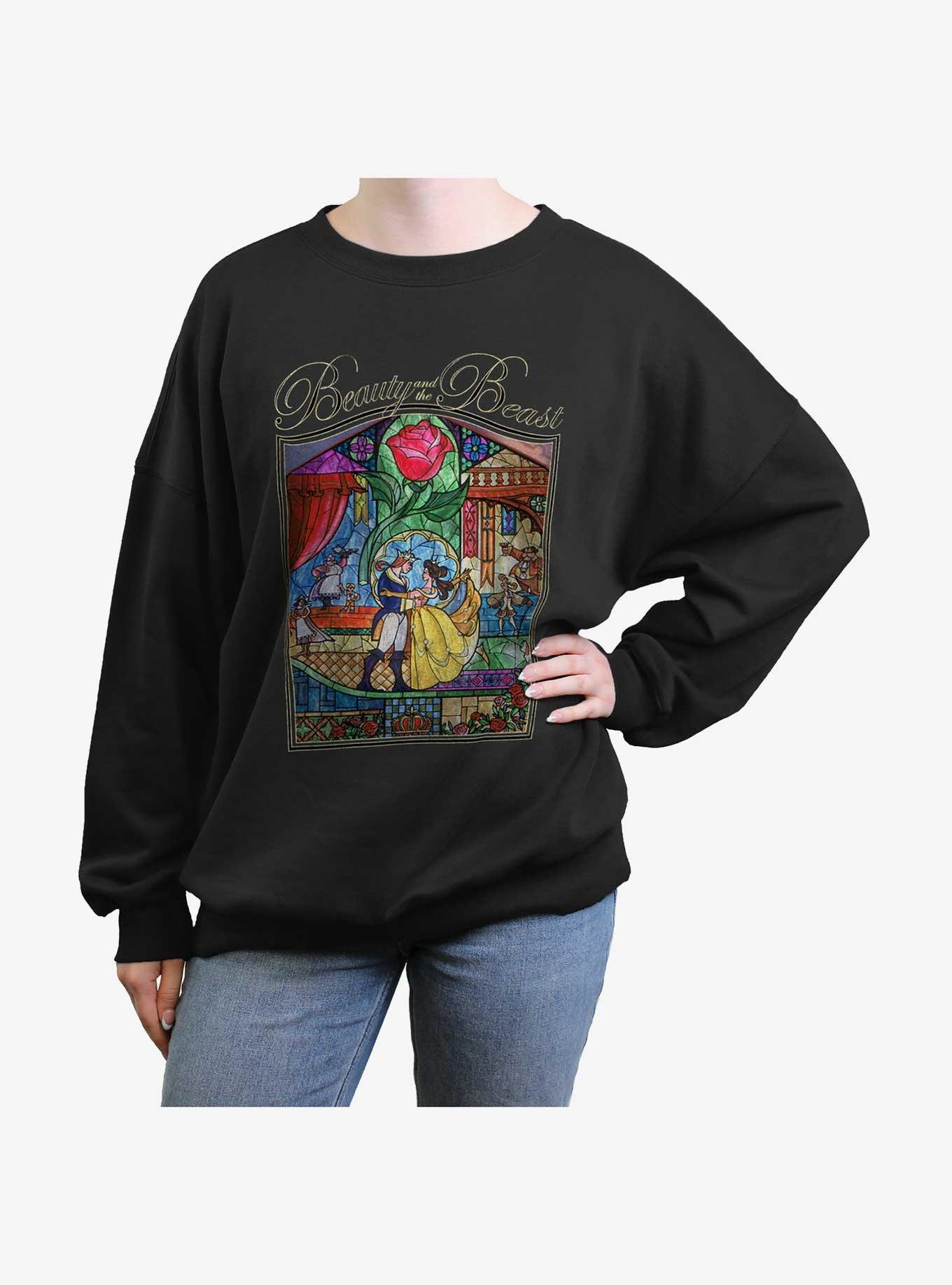 Disney Beauty and the Beast Stained Glass Love Story Womens Oversized Sweatshirt