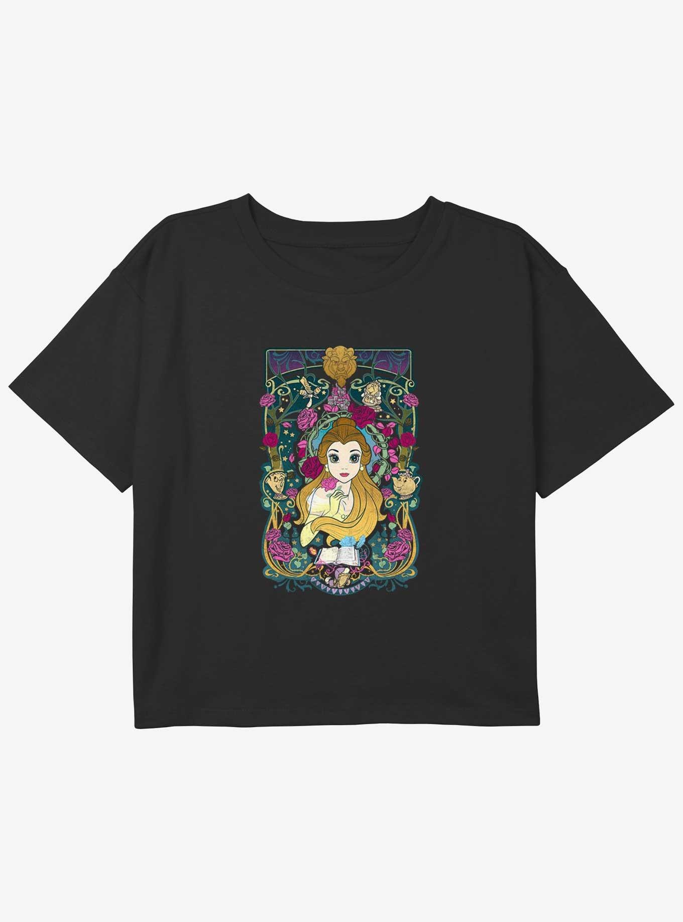 Disney Beauty and the Beast Belle Flowers Youth Girls Boxy Crop T-Shirt, BLACK, hi-res