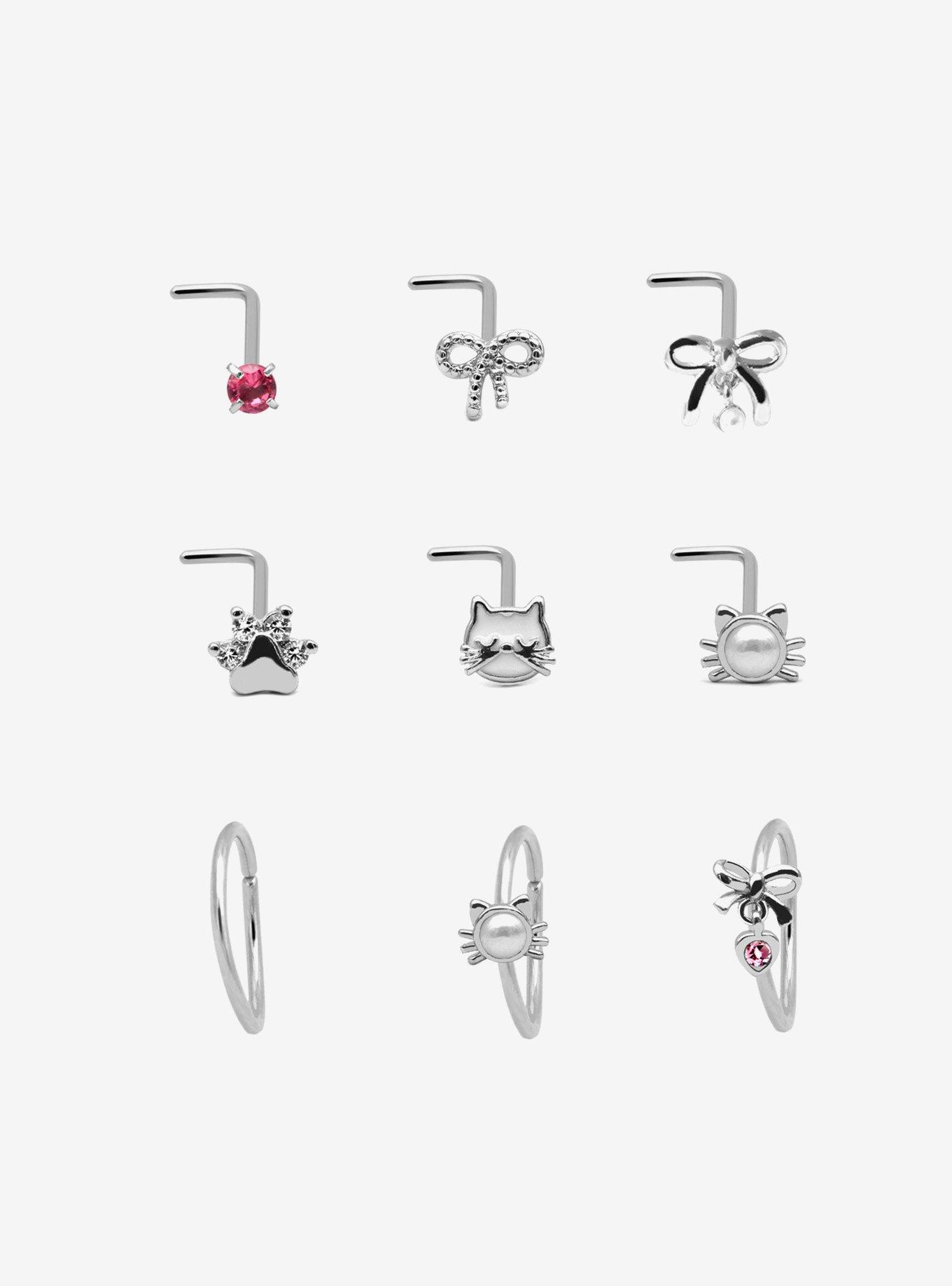 Steel Silver Bows & Cats Nose Stud & Hoop 9 Pack, MULTI, hi-res