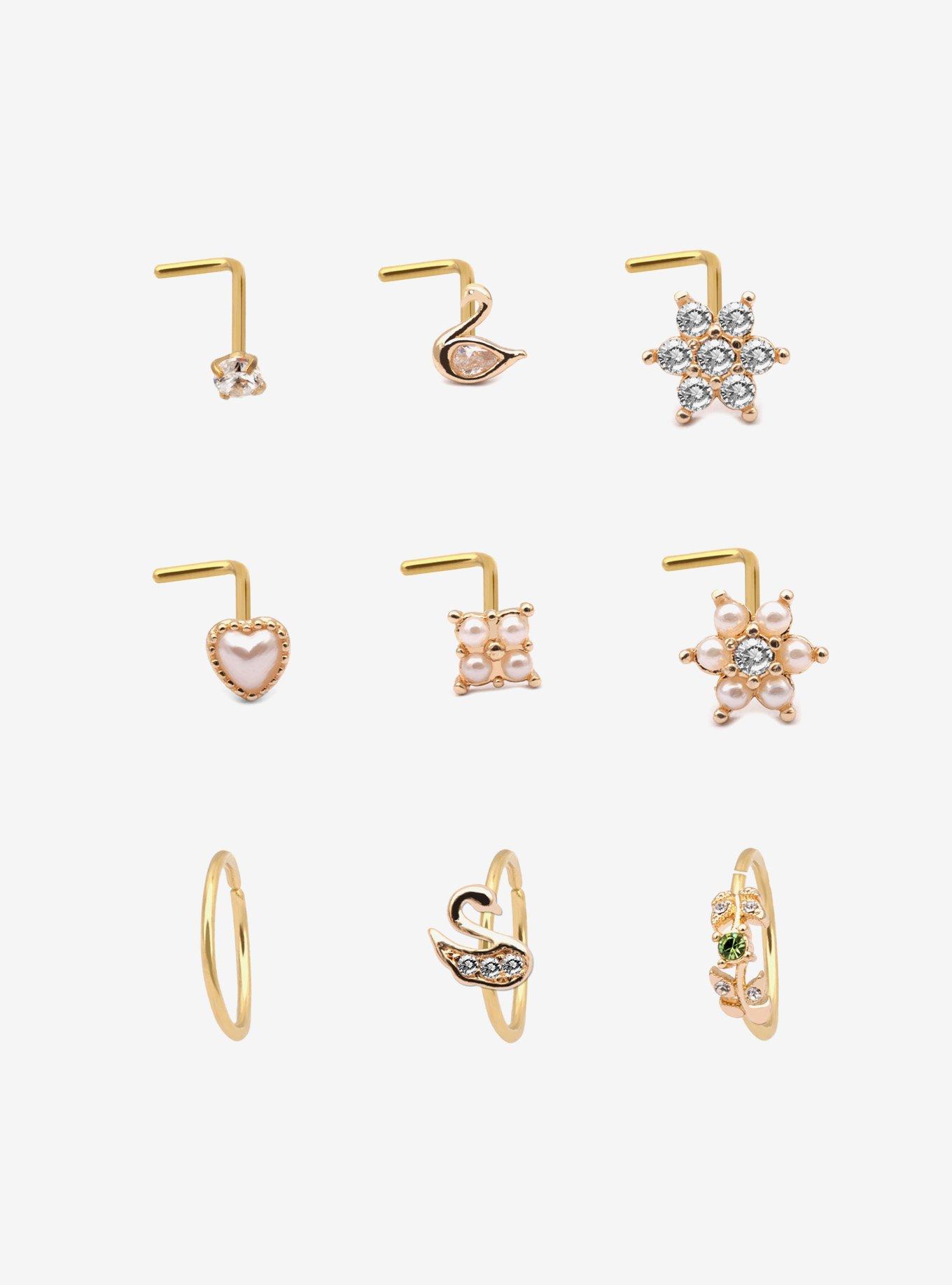 Steel Gold Swan & Faux Pearl Nose Stud & Hoop 9 Pack, , hi-res