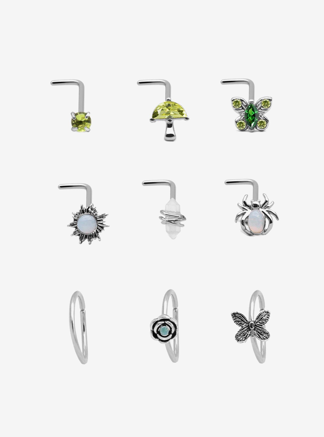 Steel Silver Mushroom & Spider Nose Stud & Hoop 9 Pack, , hi-res
