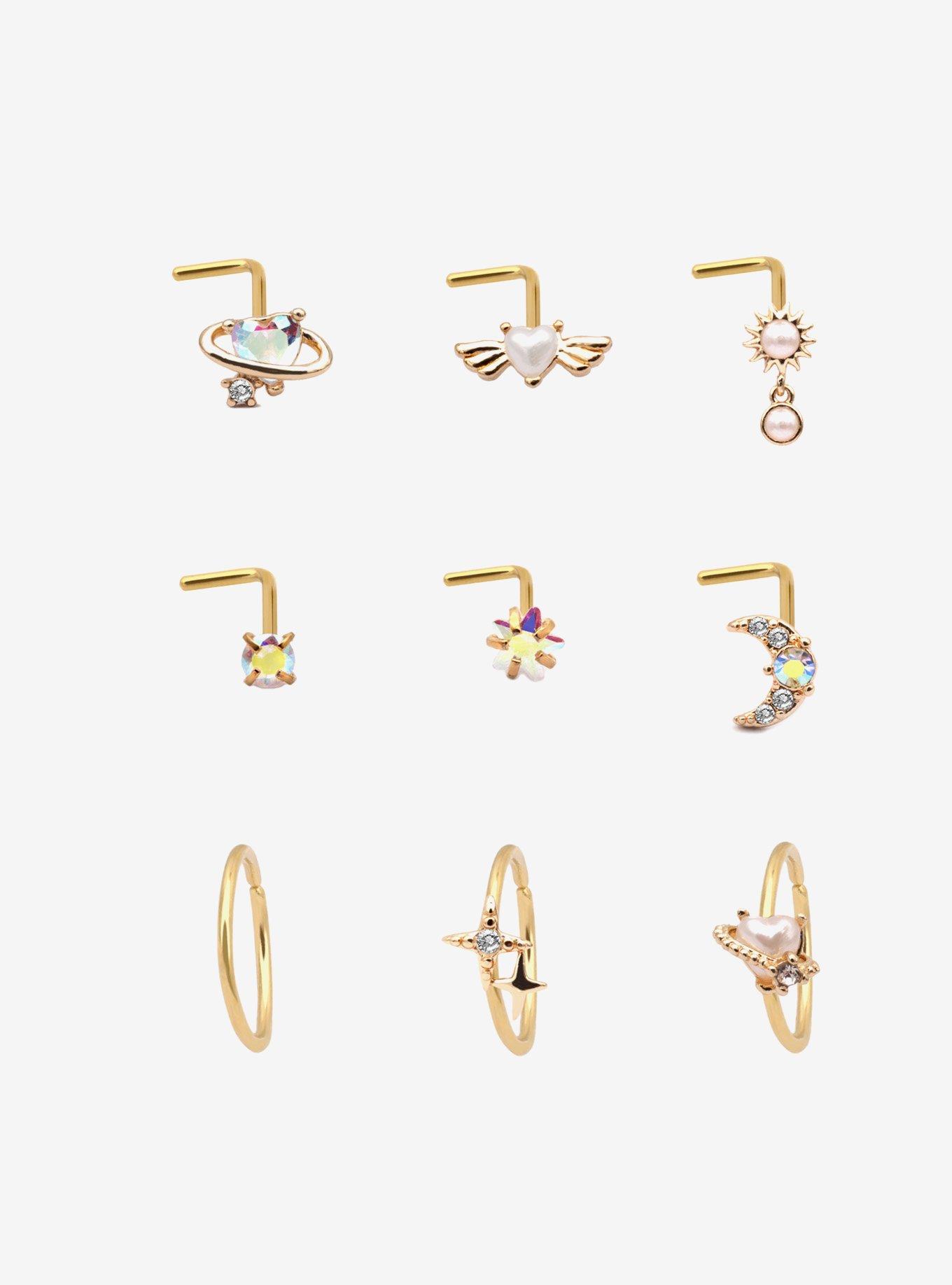 Steel Gold Celestial Symbols & Hearts Nose Stud & Hoop 9 Pack, , hi-res