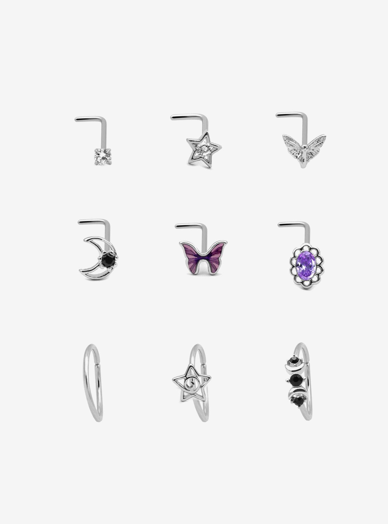 Steel Silver Fairy Wing & Star Nose Stud & Hoop 9 Pack, MULTI, hi-res