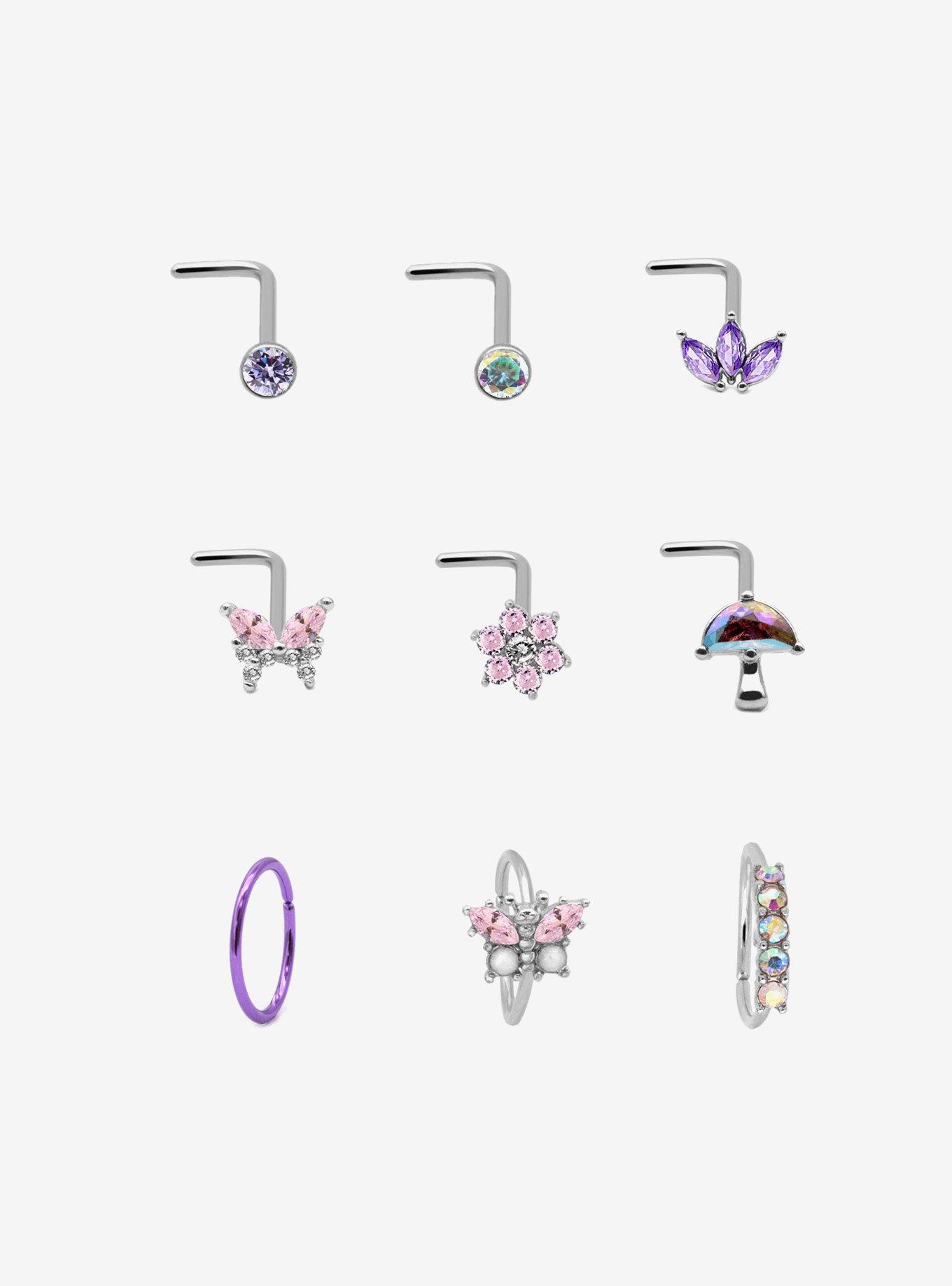 Steel Silver Pink Butterfly & Mushroom Nose Stud & Hoop 9 Pack, , hi-res