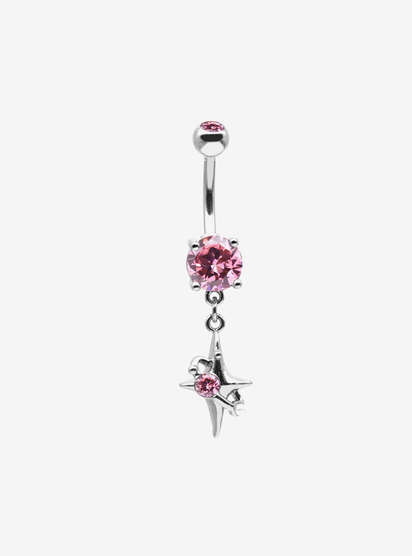 14G Steel Silver Pink Gem Starburst Navel Barbell, , hi-res