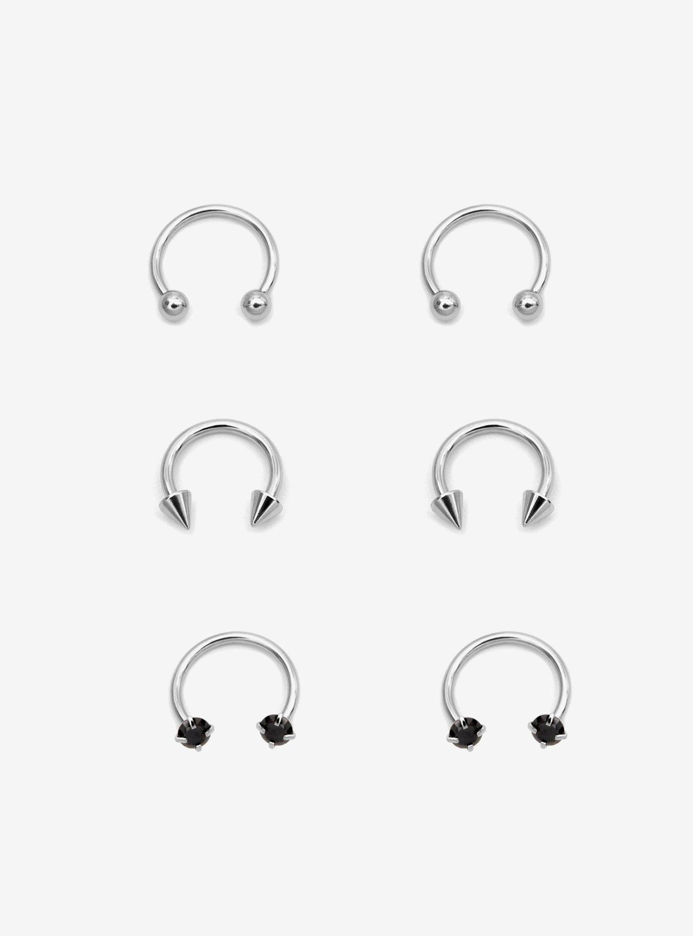 Steel Silver Spike & Black Gem Curved Barbell 6 Pack, MULTI, hi-res