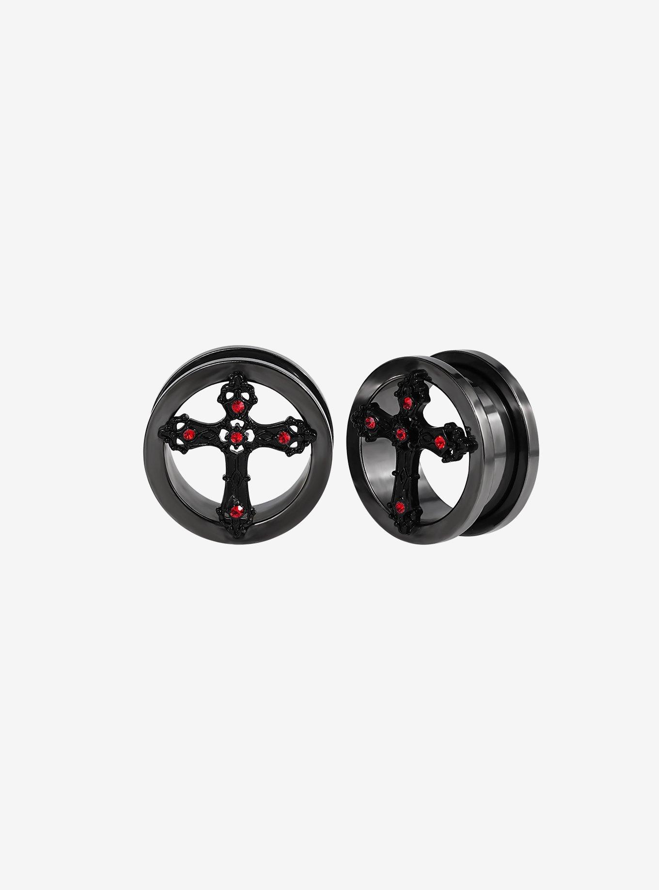 Steel Black & Red Gothic Cross Tunnel Plug 2 Pack, MULTI, hi-res