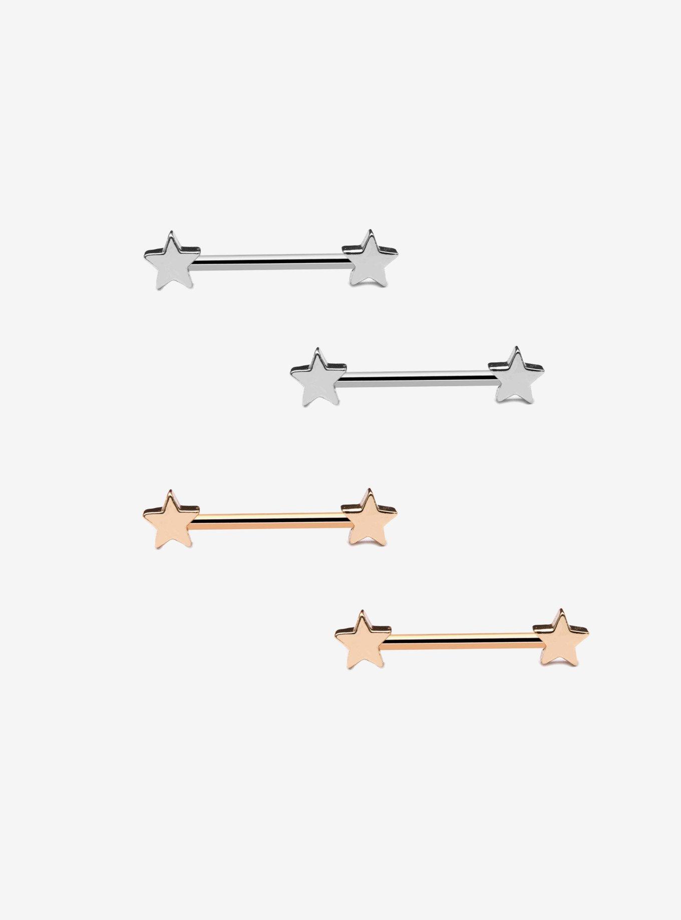 14G Steel Silver & Gold Star Nipple Barbell 4 Pack, , hi-res