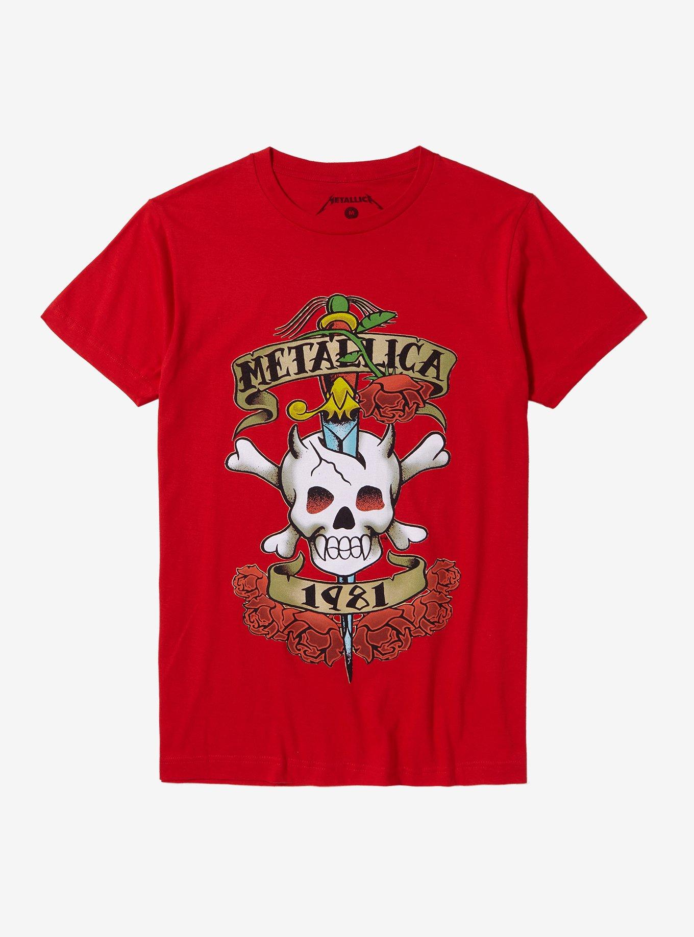 Metallica Tattoo Dagger Skull Boyfriend Fit Girls T-Shirt, RED, hi-res