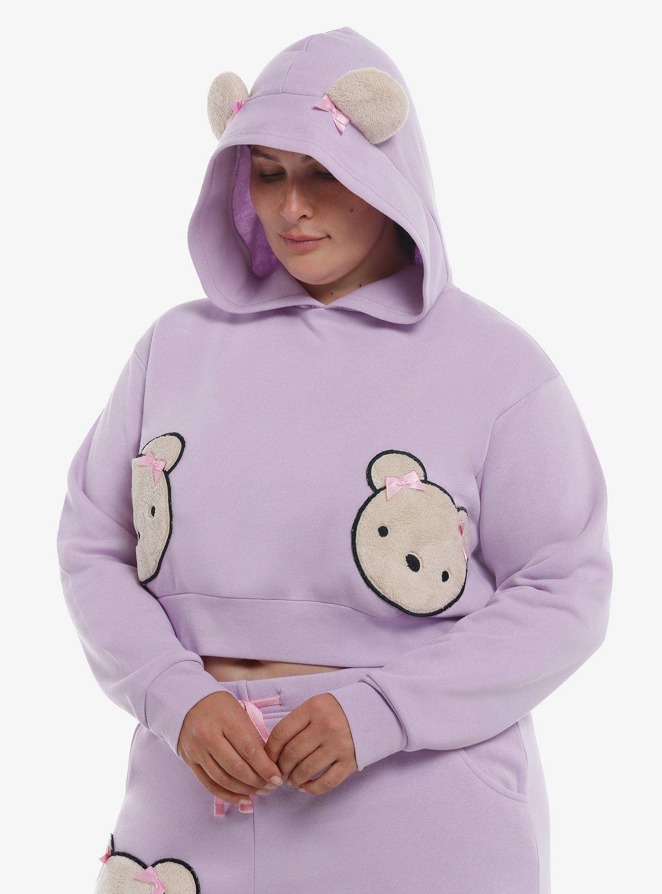 Lavender Teddy Bear Girls Crop Hoodie Plus Size, LAVENDER, hi-res