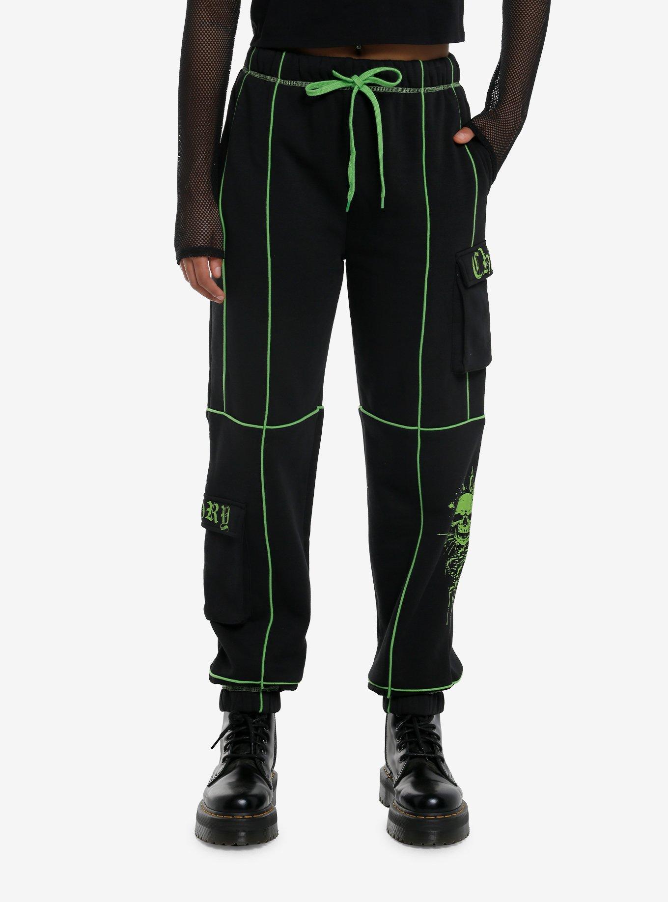 Black & Green Skull Cargo Girls Jogger Sweatpants, , hi-res