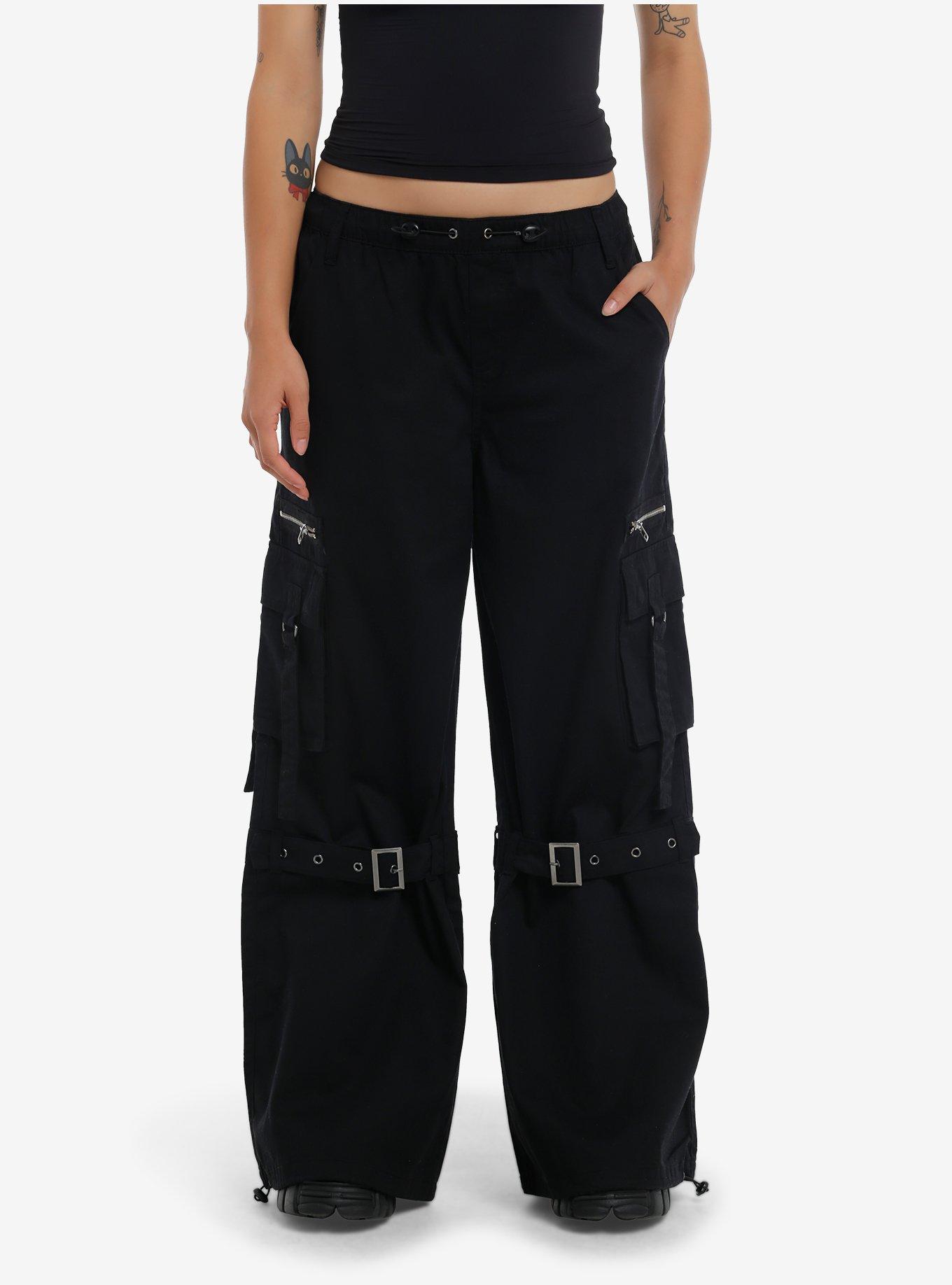 Black Grommet Strap Zipper Cargo Wide Leg Pants, , hi-res
