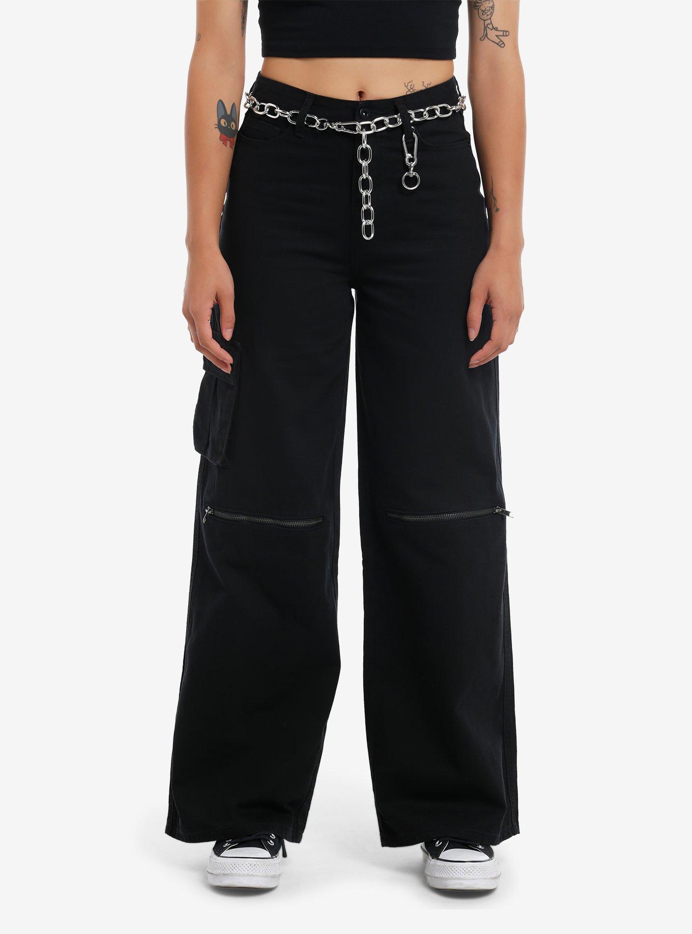 Black Zipper Cargo Wide Leg Pants With Belt, , hi-res