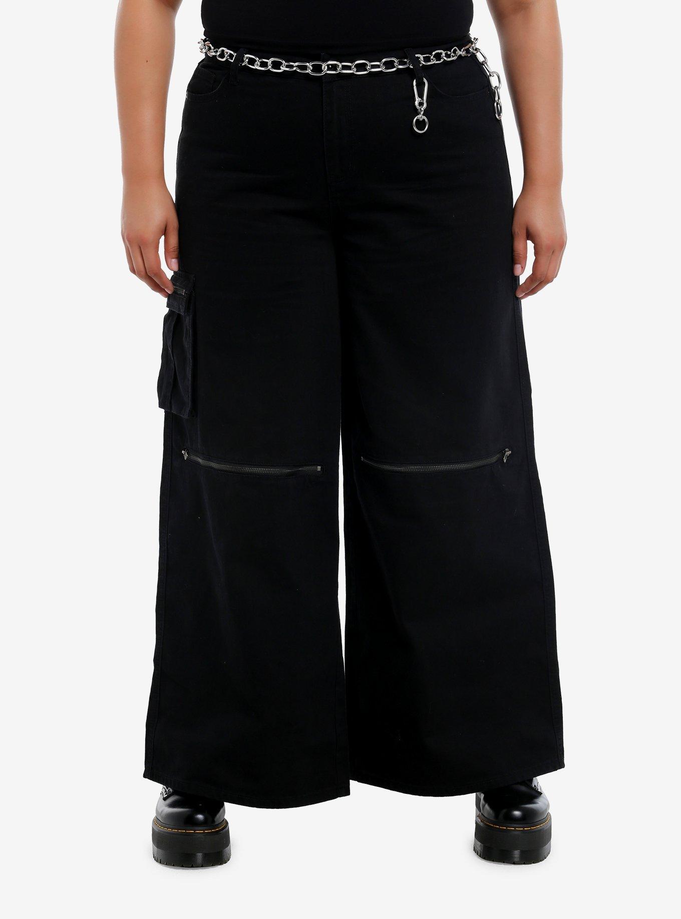 Black Zipper Cargo Wide Leg Pants With Belt Plus