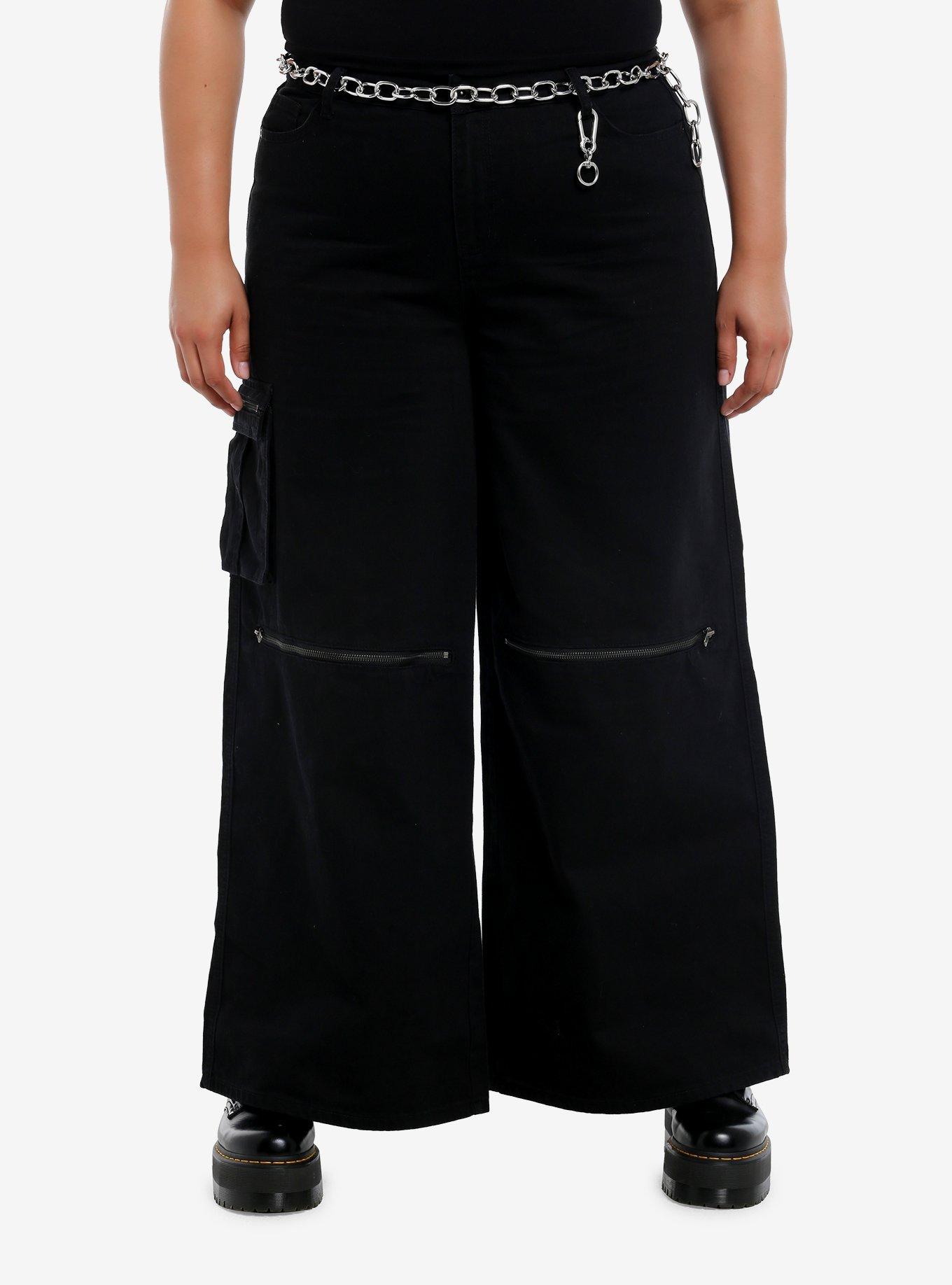 Black Zipper Cargo Wide Leg Pants With Belt Plus Size, , hi-res