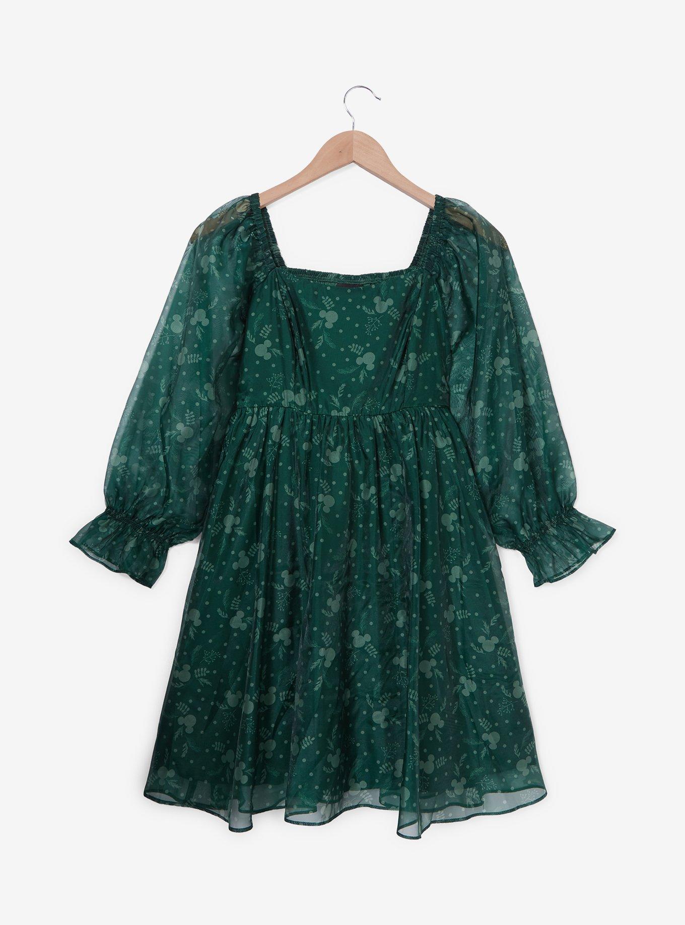 Disney Mickey Mouse Holiday Greenery Allover Print Long Sleeve Smock Dress  | Her Universe