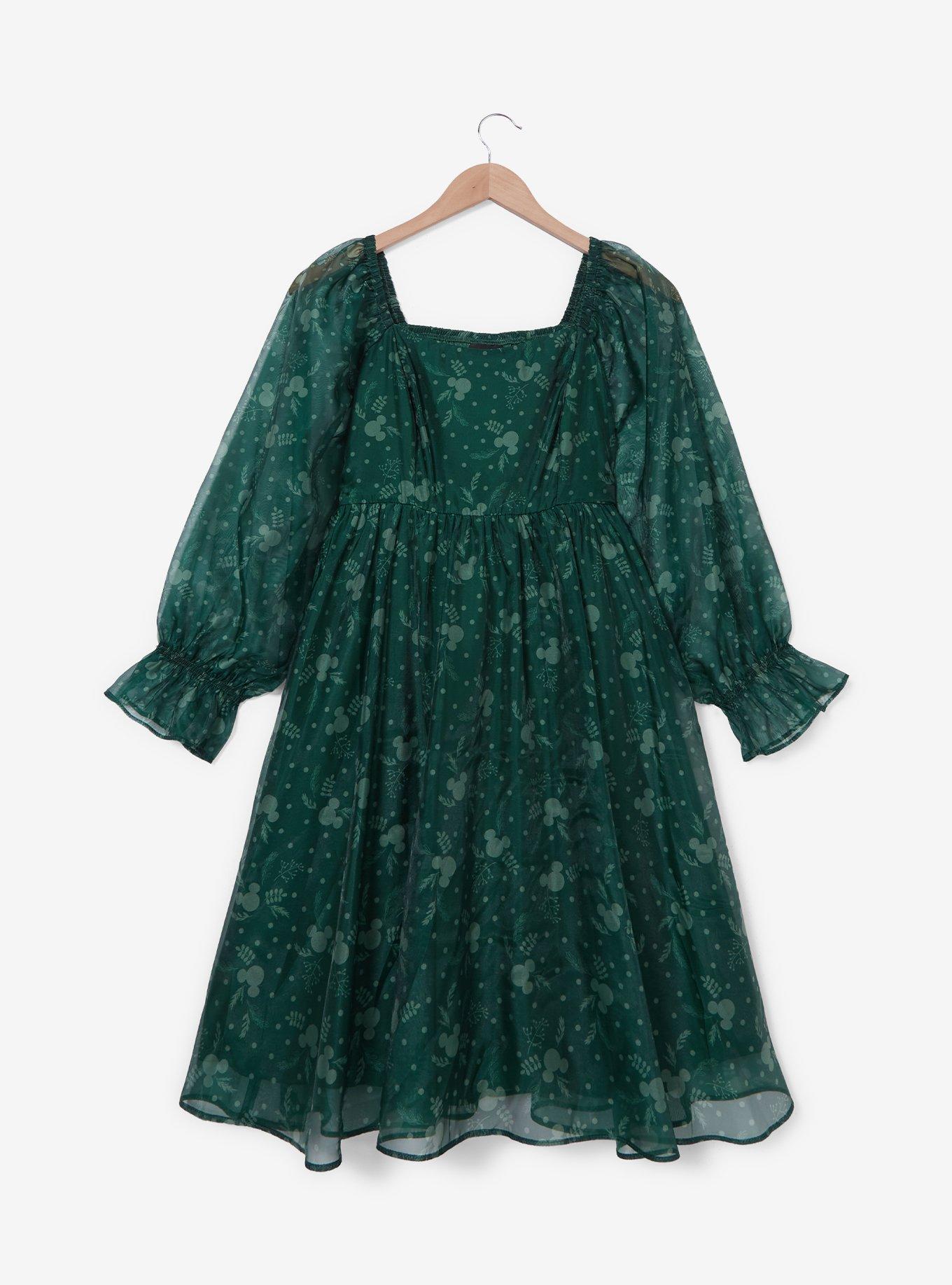 Disney Mickey Mouse Holiday Greenery Allover Print Long-Sleeve Smock Dress  Plus Size | Her Universe