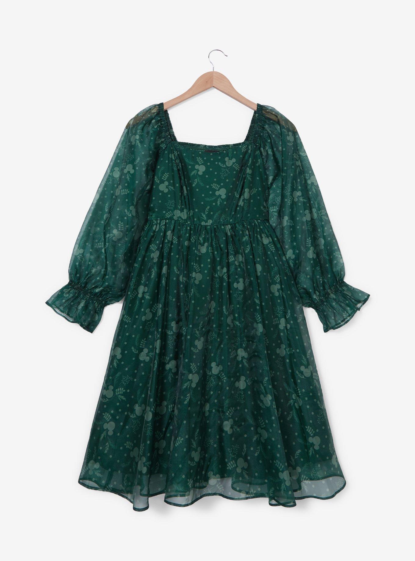 Disney Mickey Mouse Holiday Greenery Allover Print Long-Sleeve Smock Dress Plus Size, , hi-res