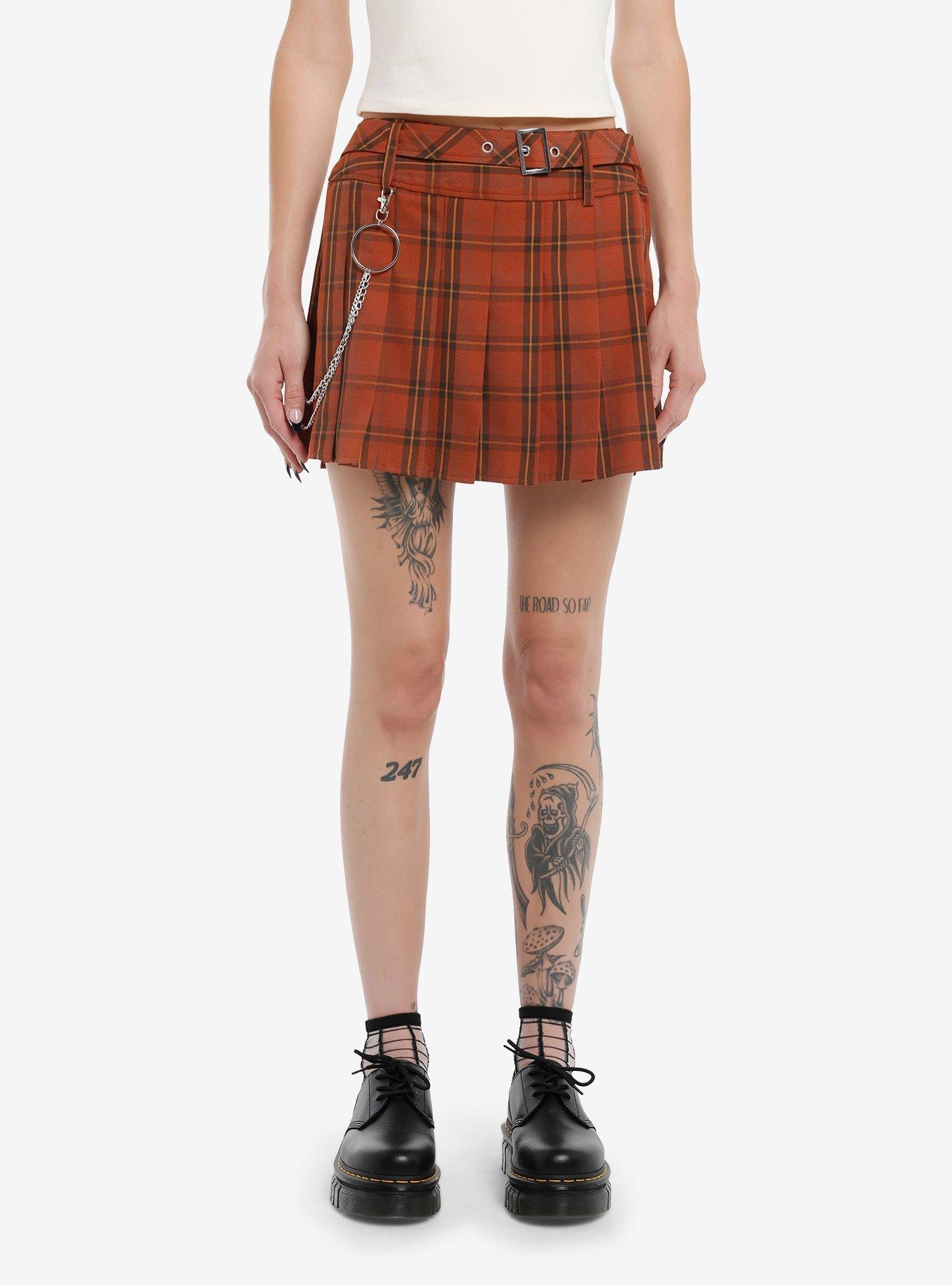 Thorn & Fable Orange Plaid Side Chain Belted Skirt, , hi-res