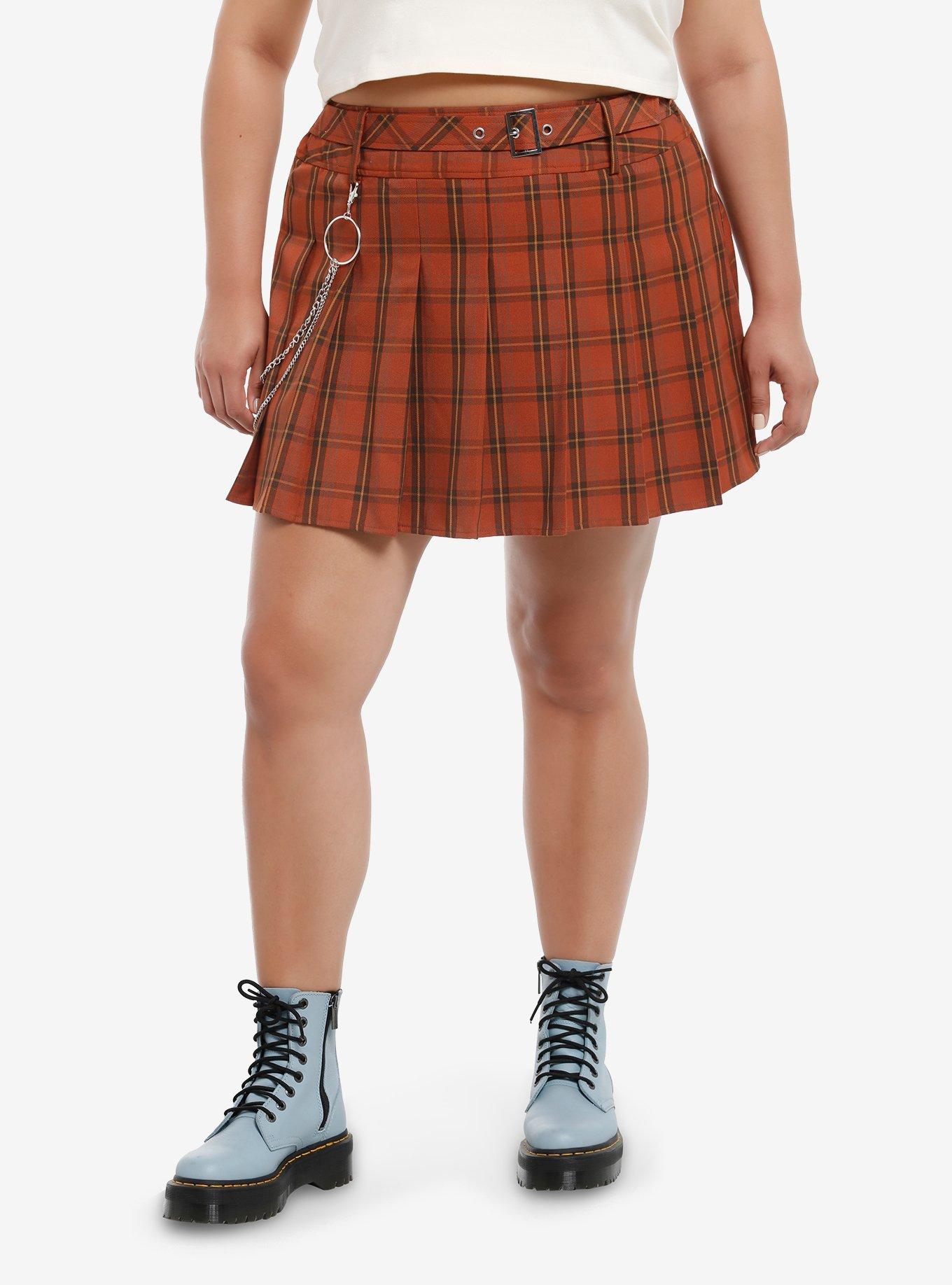 Thorn & Fable Orange Plaid Side Chain Belted Skirt Plus Size, , hi-res