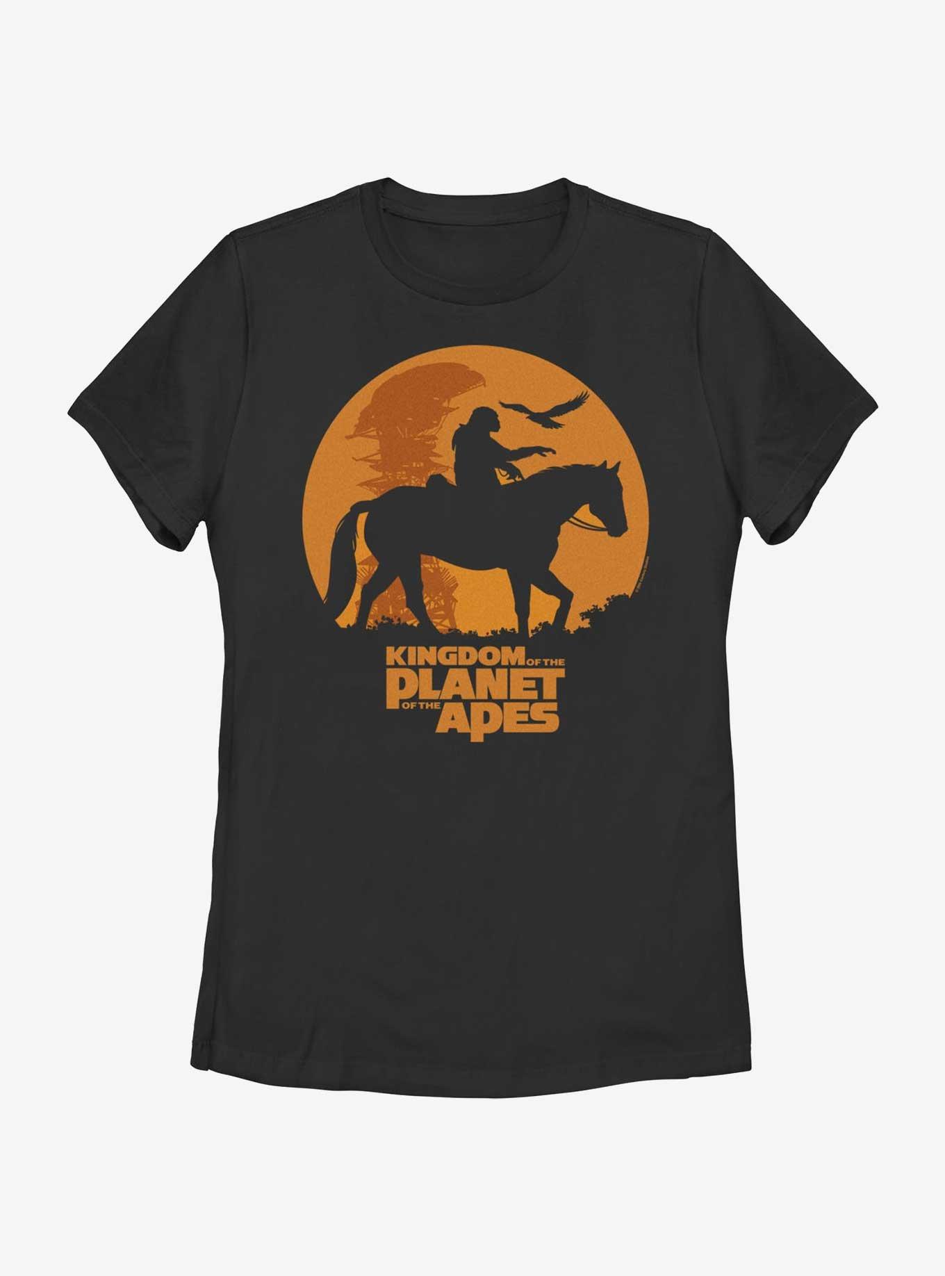 Kingdom of the Planet of the Apes Caesar And Horse Silhouette Womens T-Shirt, BLACK, hi-res